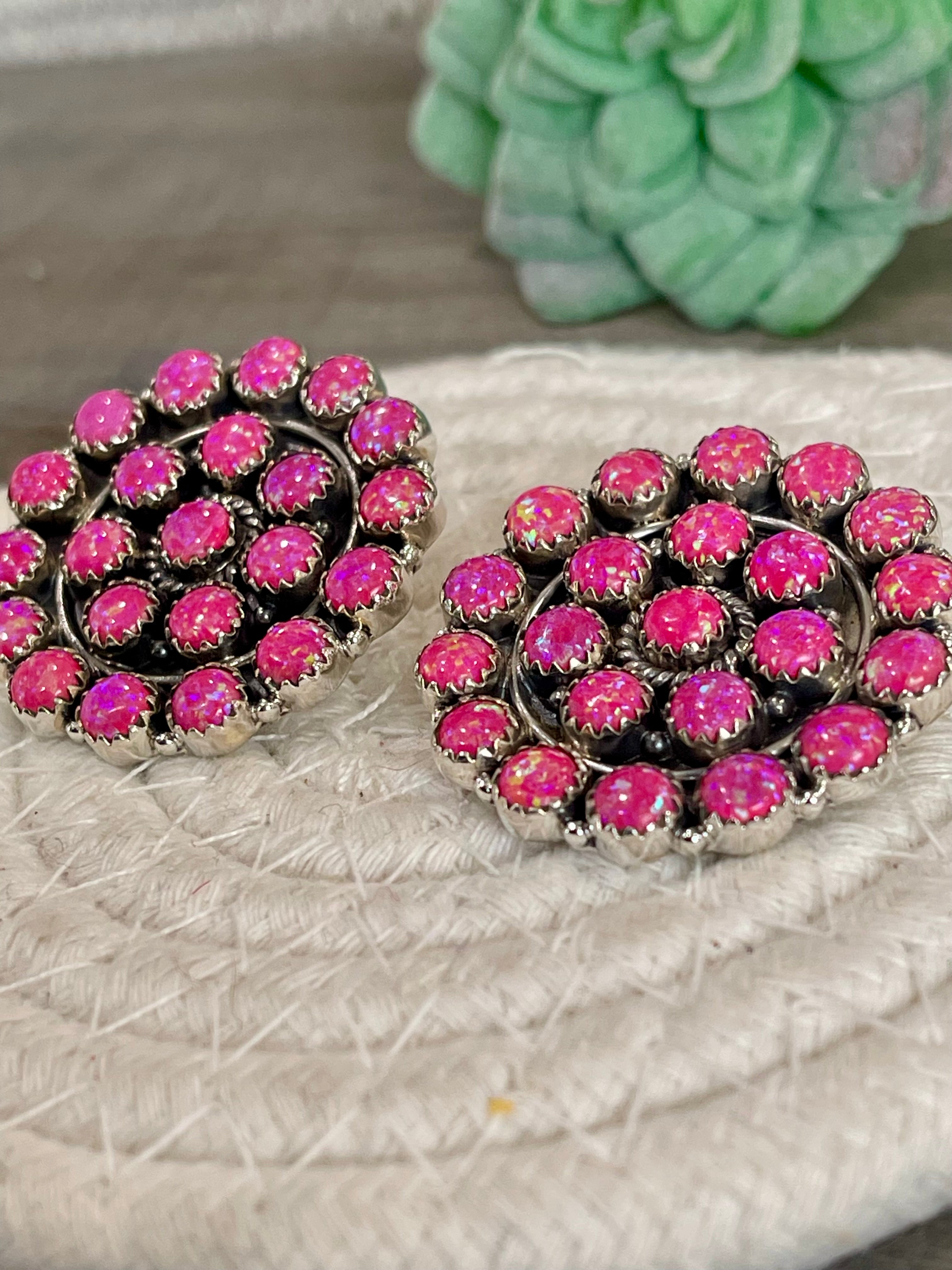 Handmade Sterling Silver & Hot Pink Fire Opal Post Earrings Signed Nizhoni