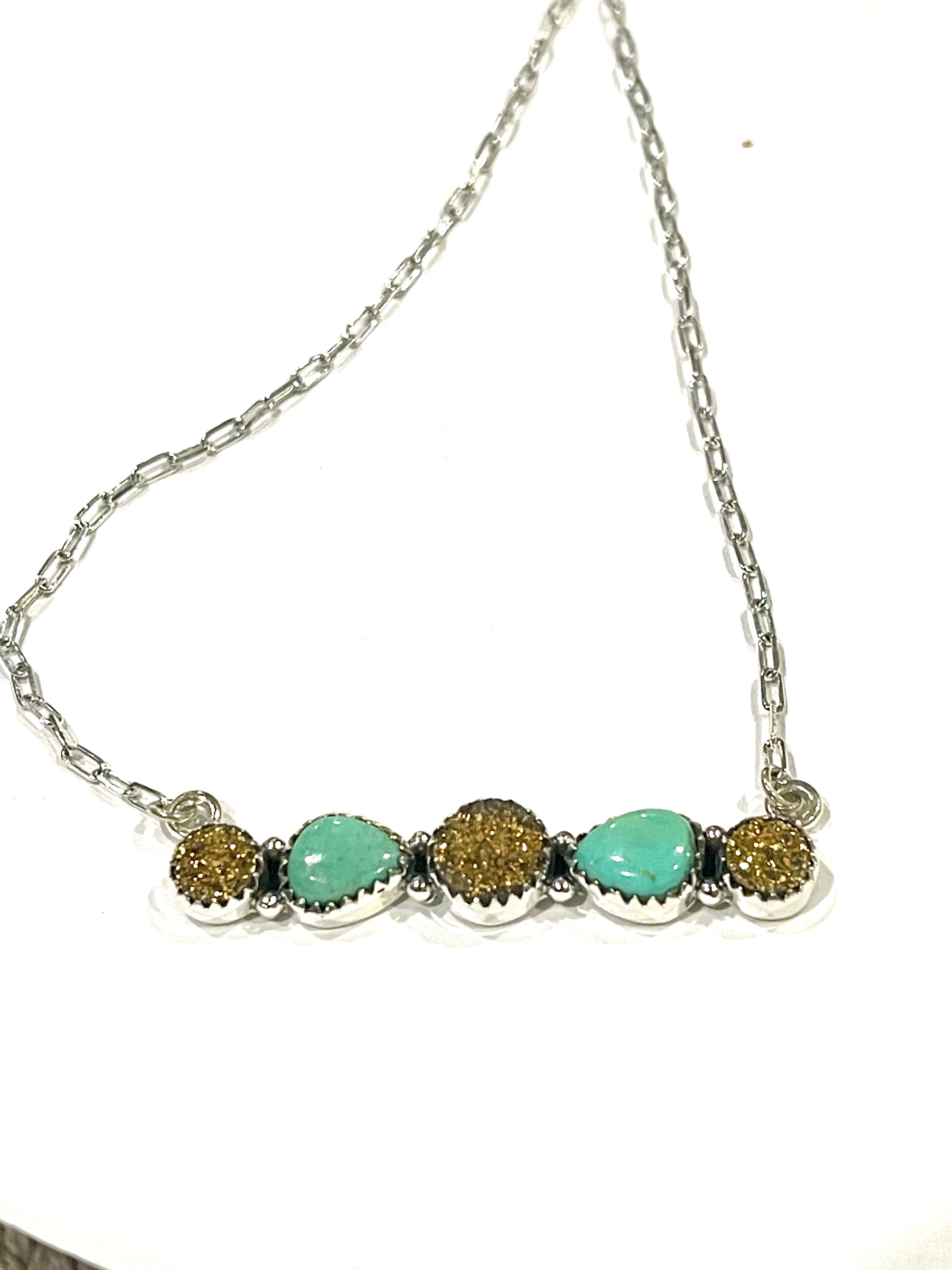 Beautiful Handmade Sterling Silver , Turquoise & Druzy Bar Necklace