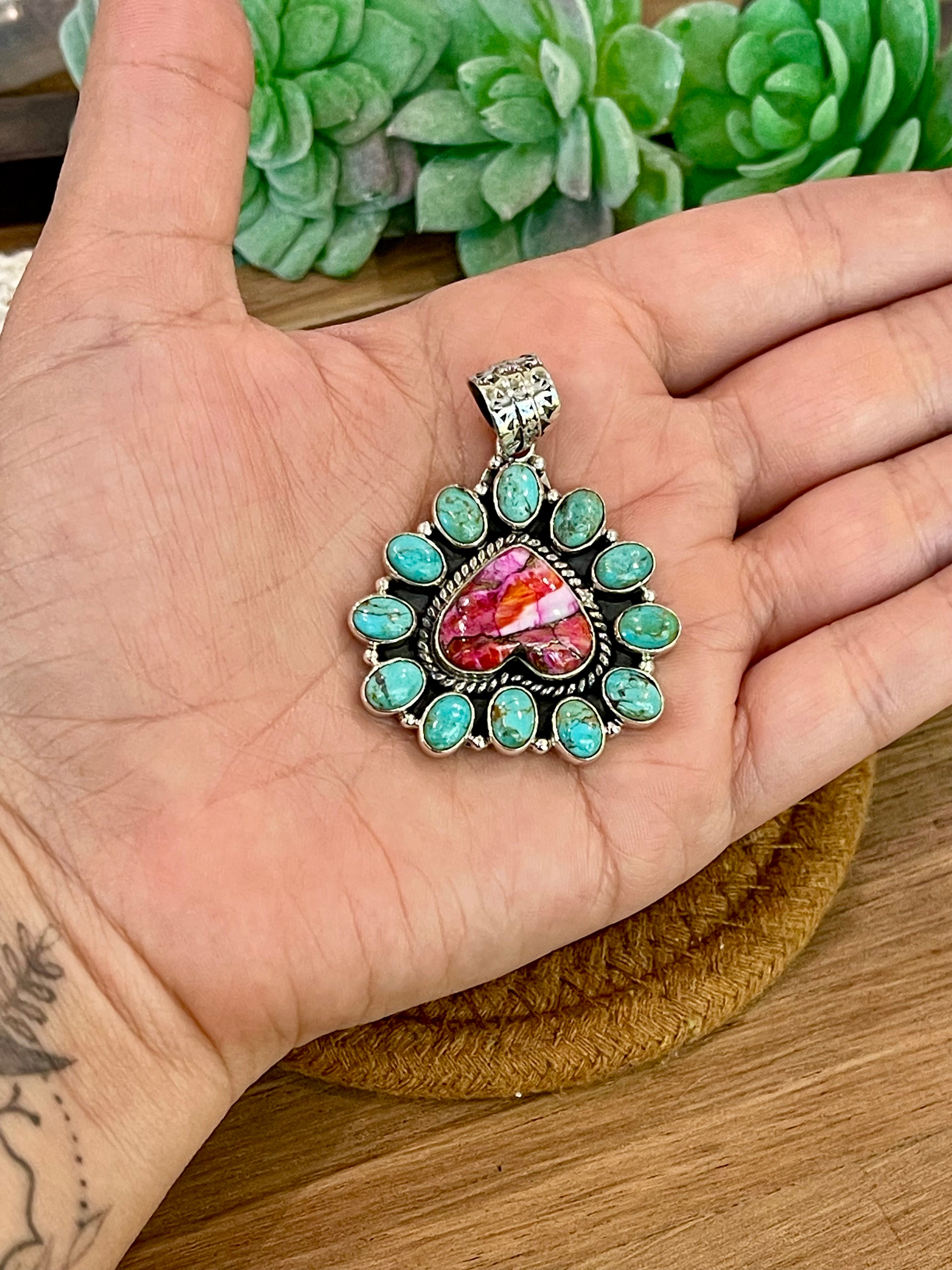 Handmade Sterling Silver,Turquoise & Pink Dream Mojave Cluster Pendant