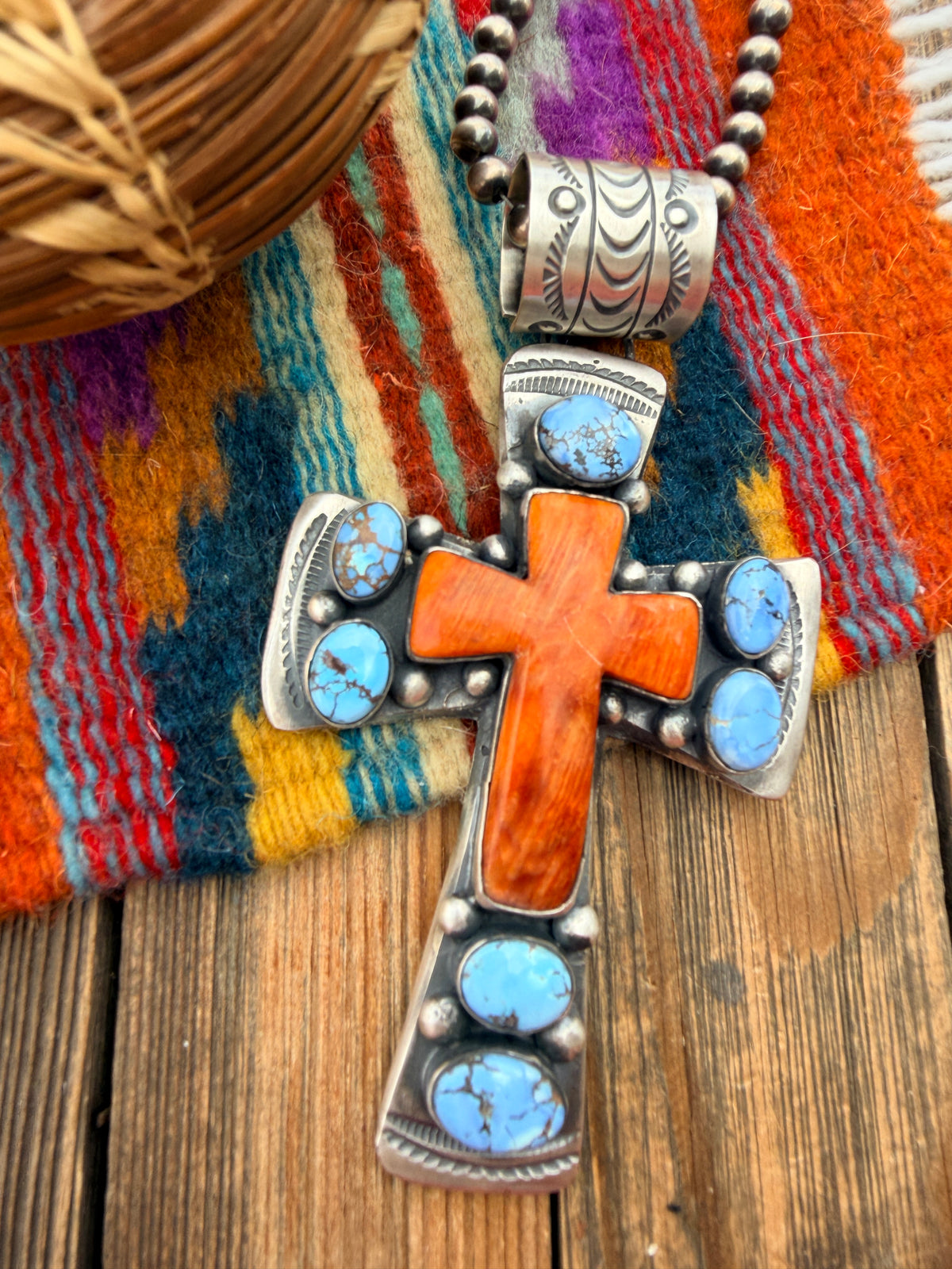 Handcrafted Turquoise, Spiny Oyster & Sterling Silver Cross Pendant by Chimney Butte