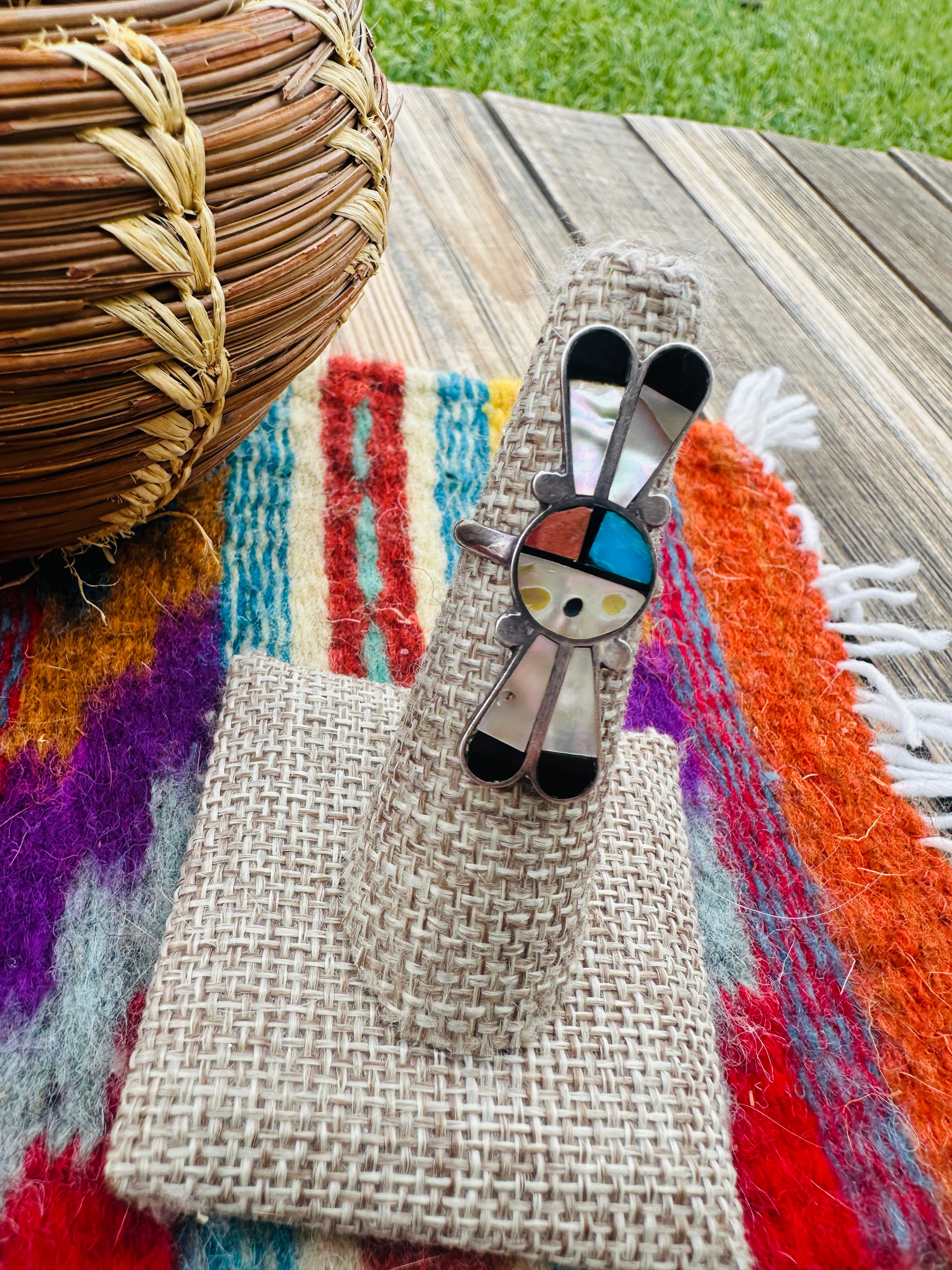 Old Pawn Handcrafted Multi Stone & Sterling Silver Sun Face Ring Size 5.5