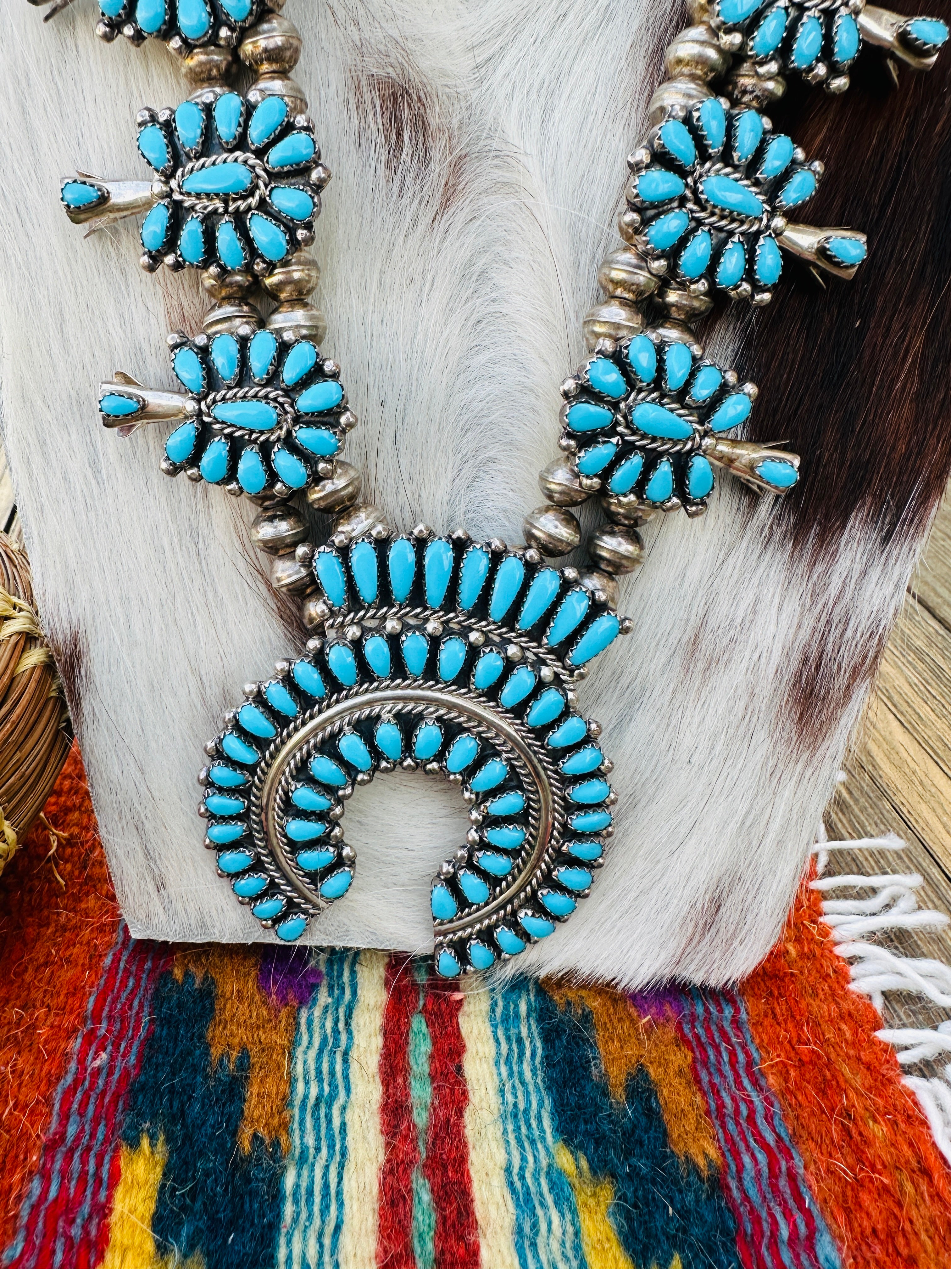 Old Pawn Handcrafted Turquoise & Sterling Silver Beaded Squash Blossom Necklace