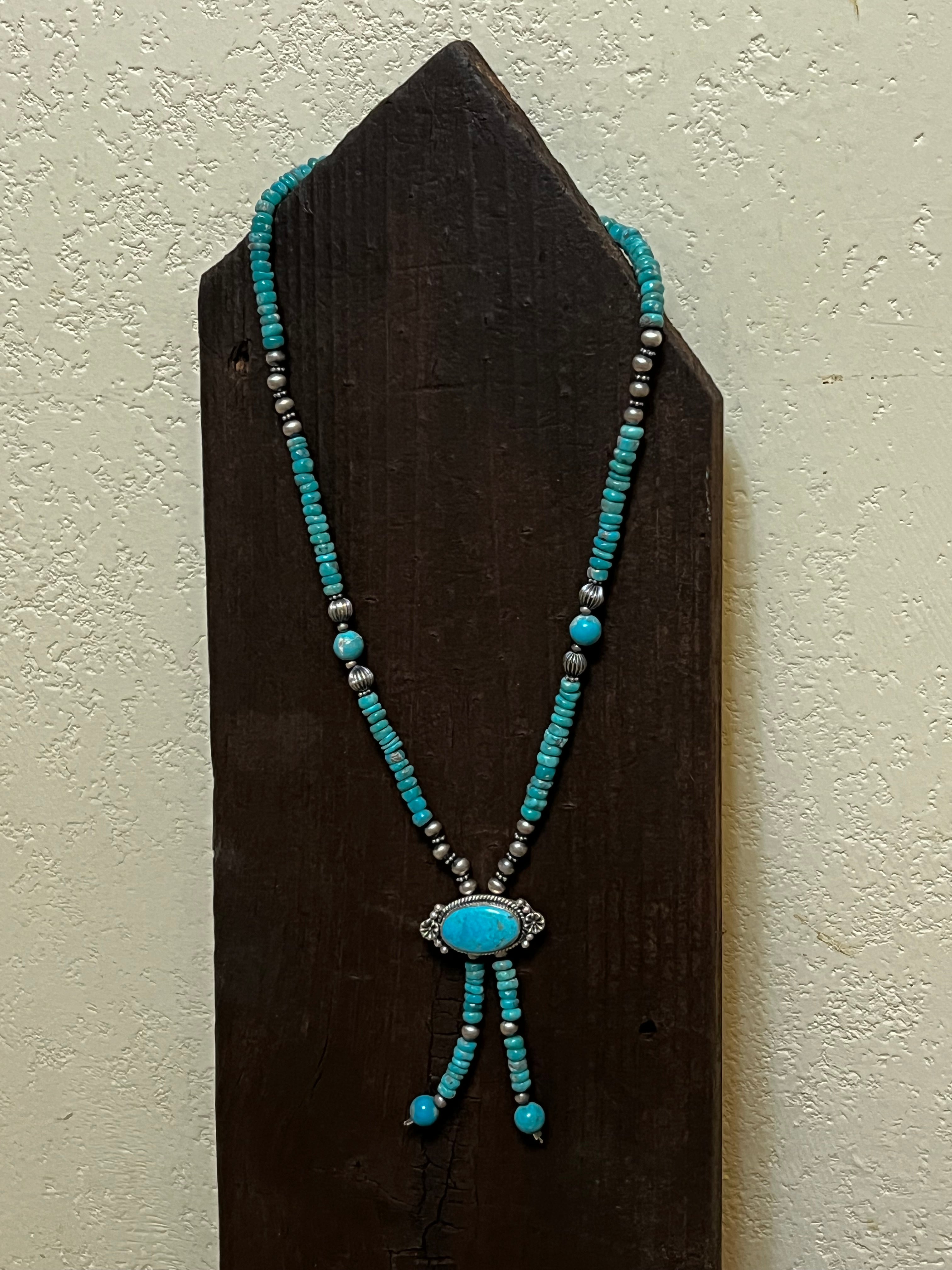 Handmade Sterling Silver Heishi Beaded Turquoise Tassel Bolo Necklace