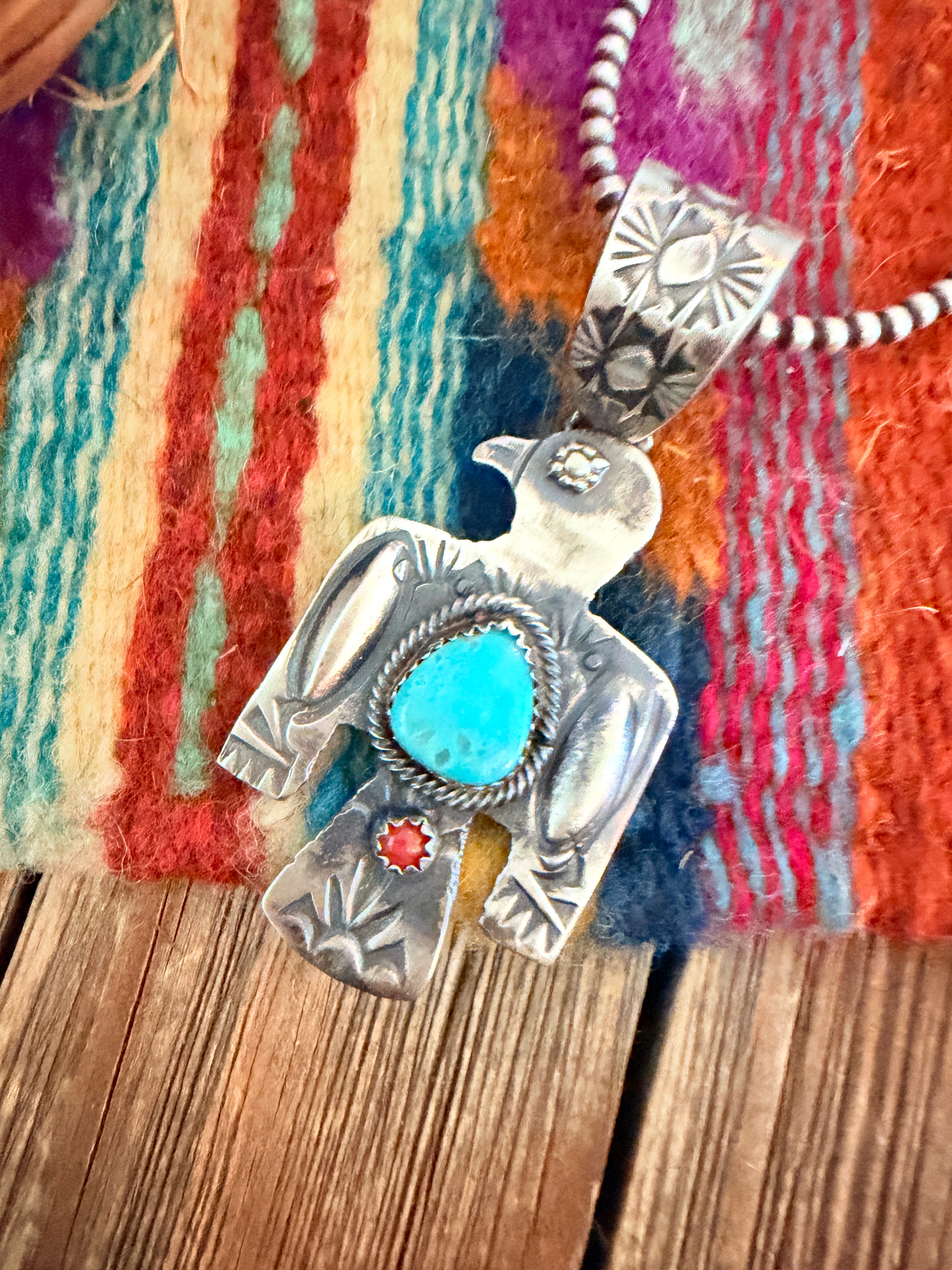 Handcrafted Turquoise, Coral & Sterling Silver Thunderbird Pendant by Richard Yazzie