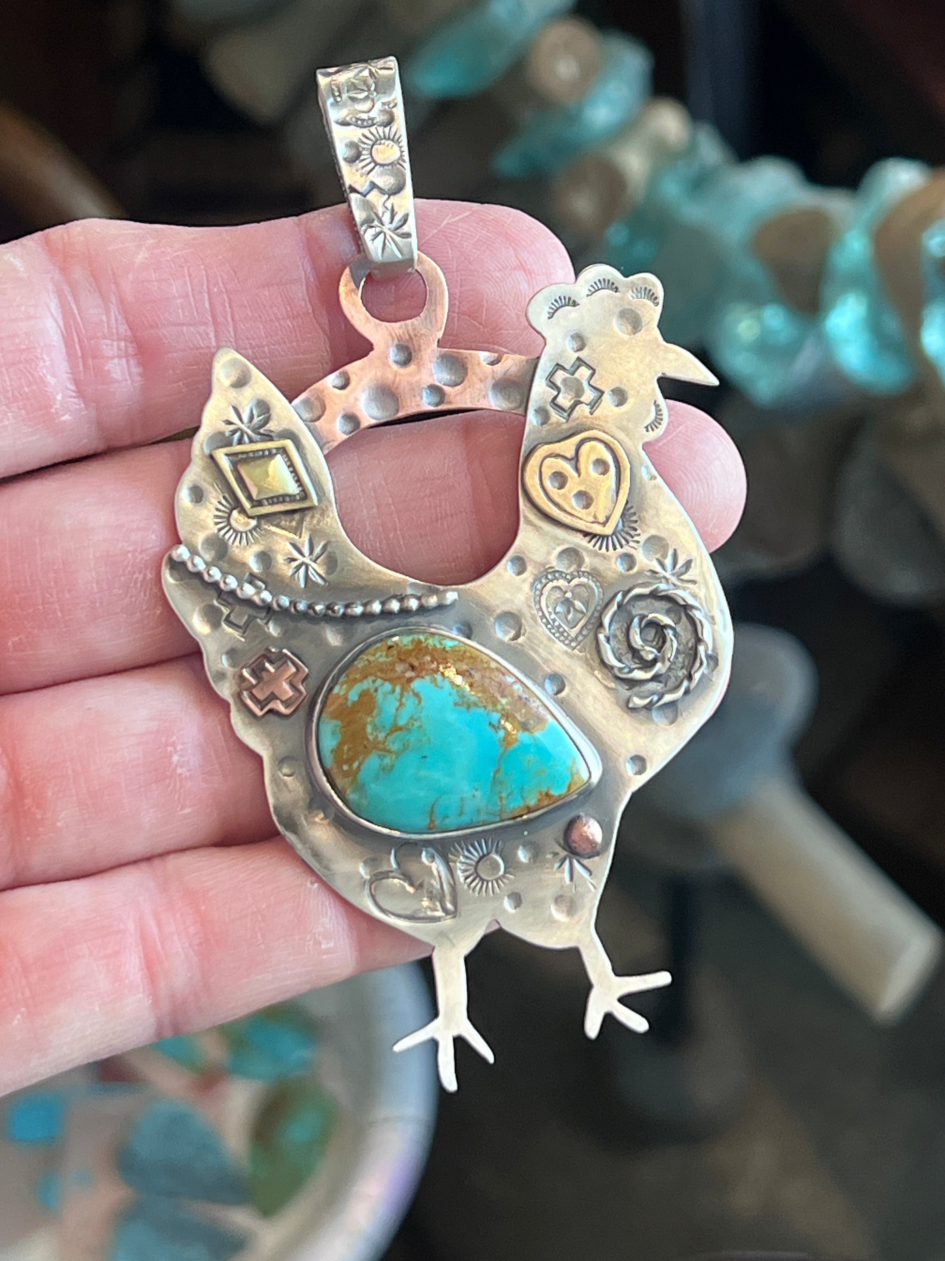 The Nizhoni Cluckers: Hand Stamped and Layered Sterling Silver, Brass, Copper & Kingman Turquoise Chicken Pendants by Kimari Somers