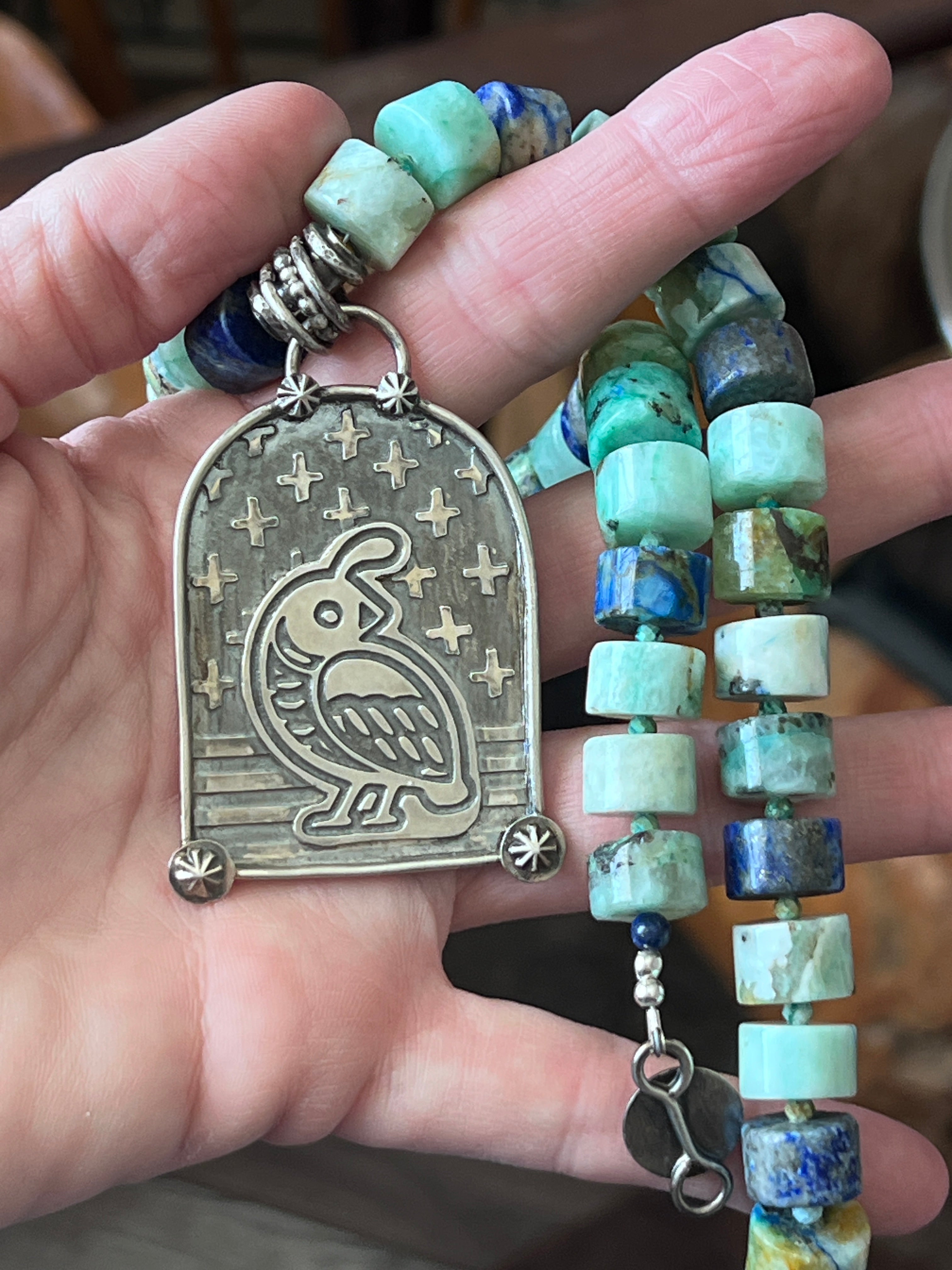 Tularosa Sterling Silver & Chrysocolla Beaded Quail Retablo Necklace