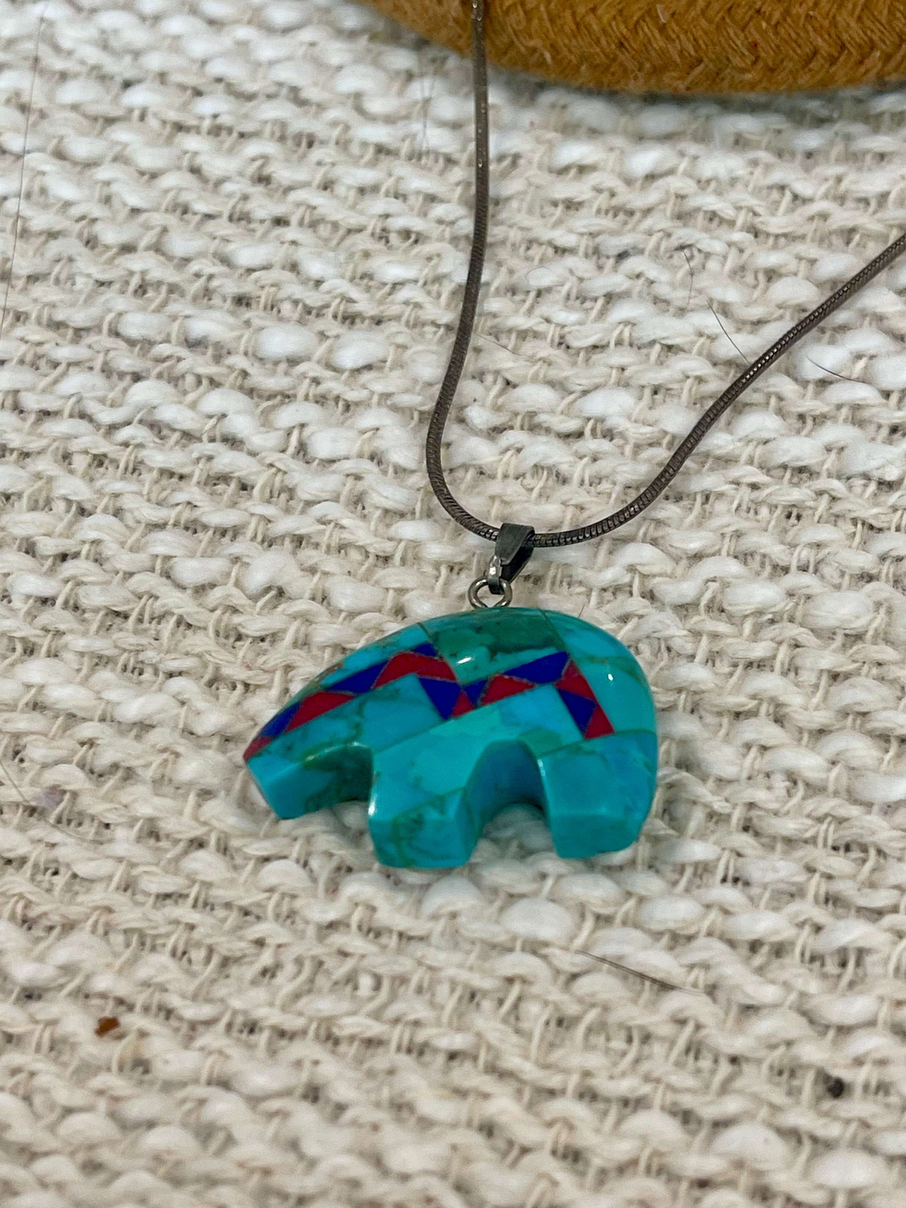 Vintage Old Pawn Turquoise & Multi Stone Bear and Sterling Silver Necklace