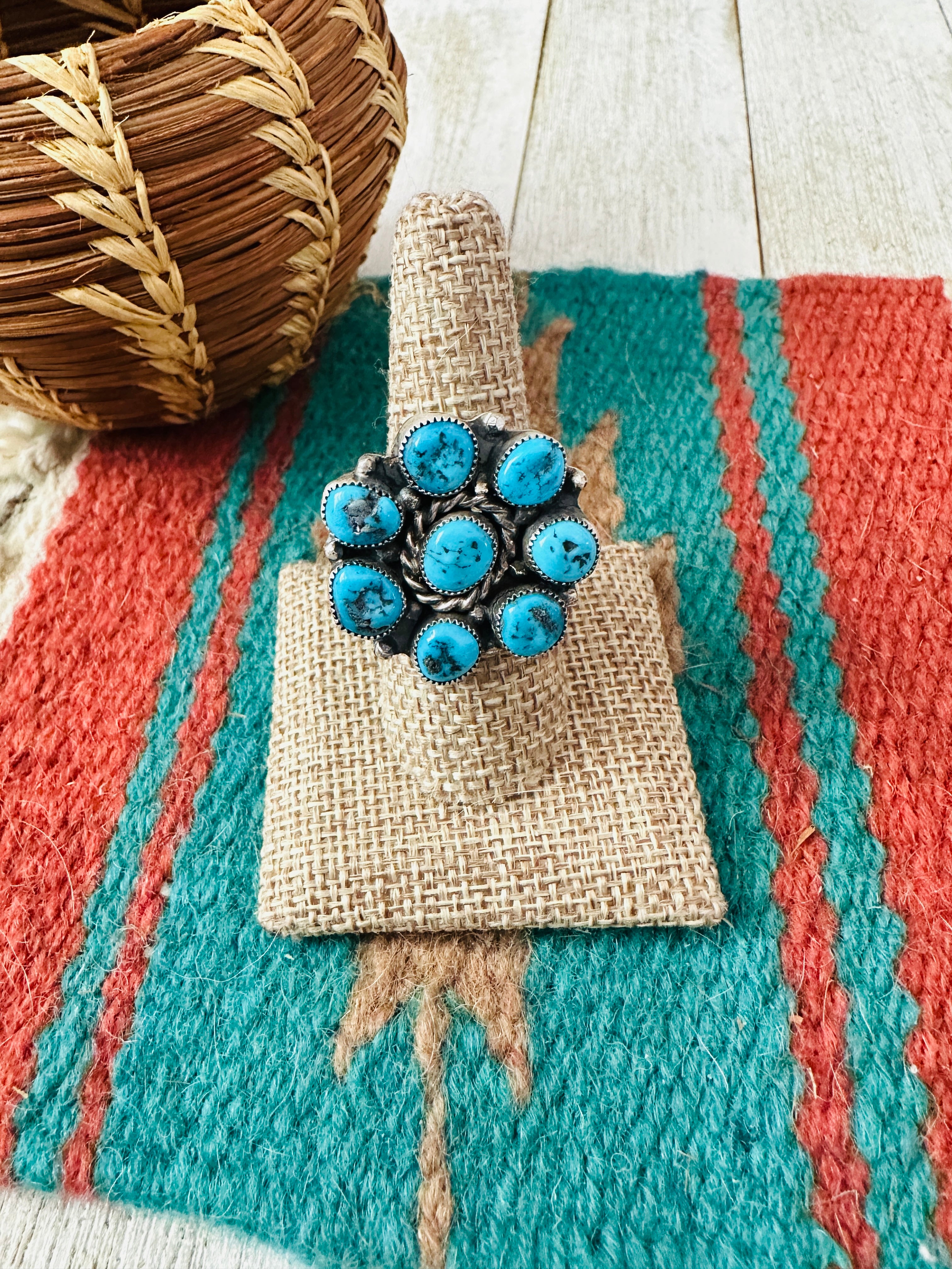 Handcrafted Turquoise & Sterling Silver Cluster Adjustable Ring