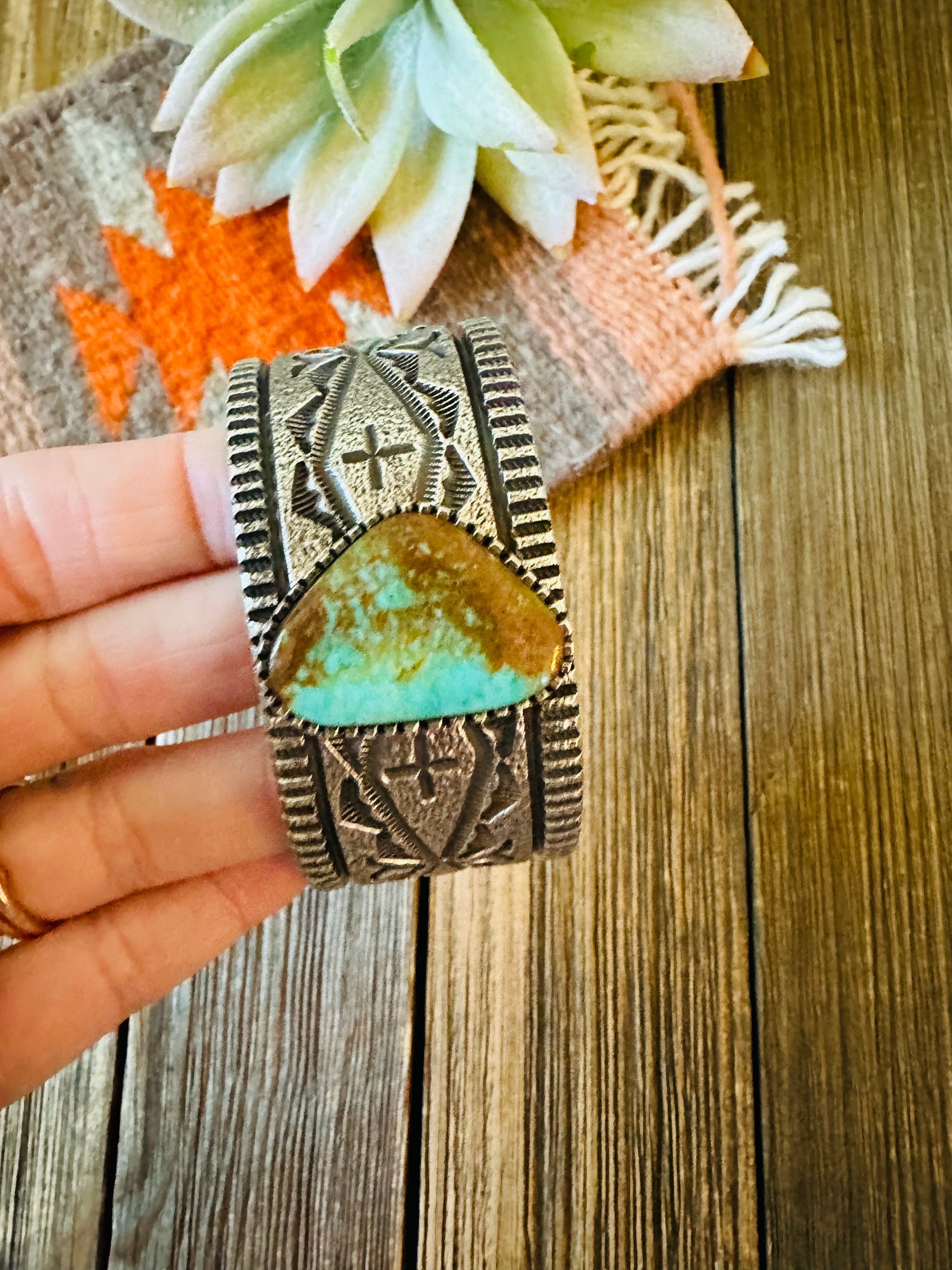 Handcrafted Royston Turquoise & Sterling Silver Tufa Cast Cuff Bracelet Signed