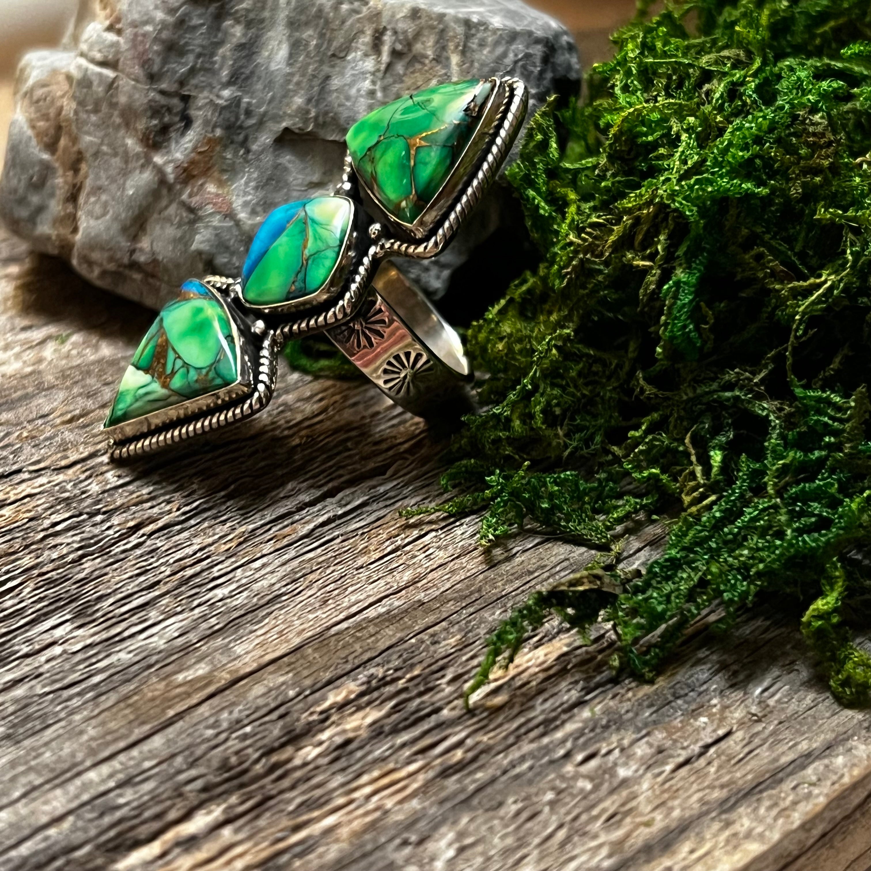 Handmade Sterling Silver Peacock Dahlia 3 Stone Ring