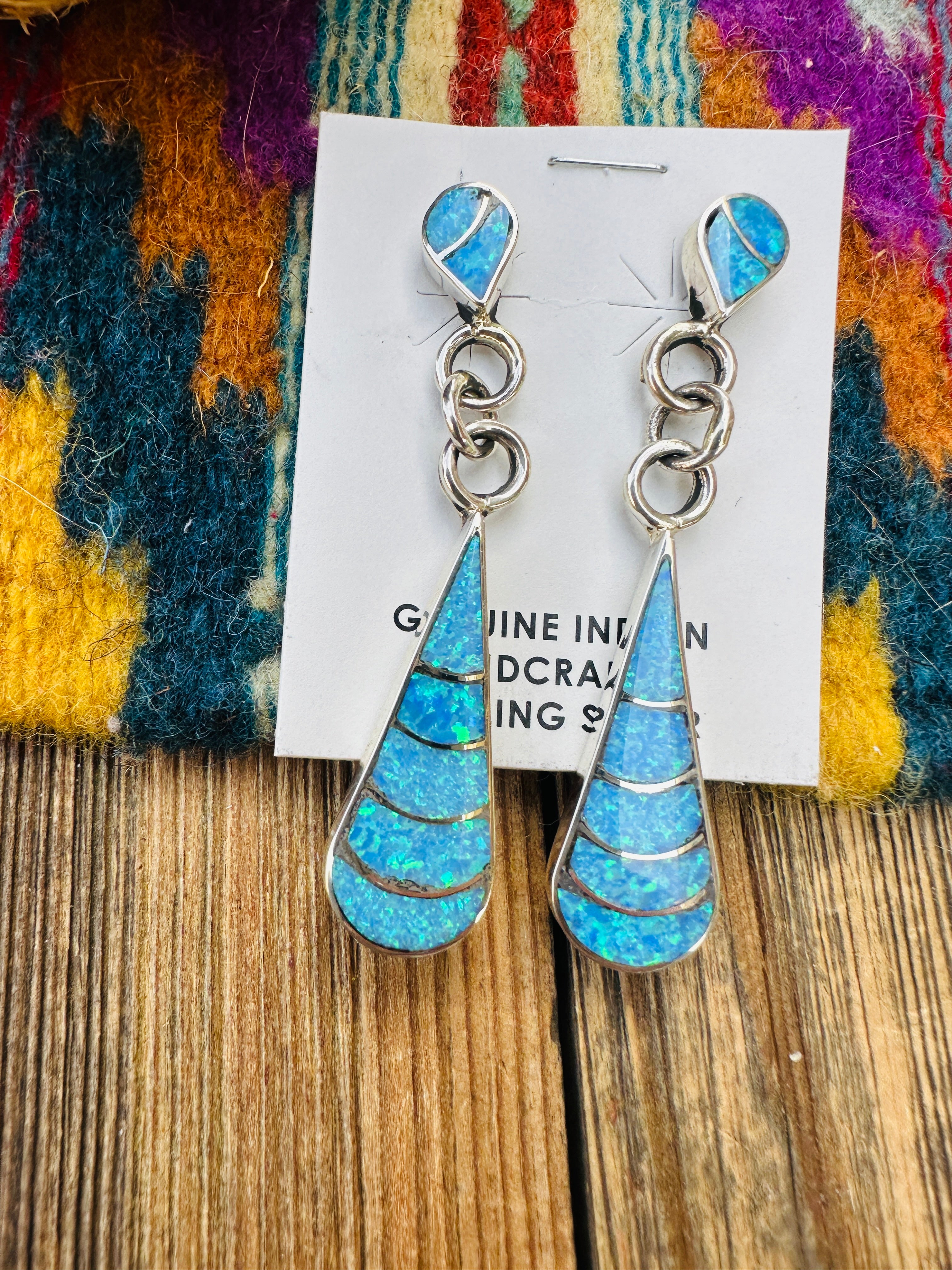 Handcrafted Opal & Sterling Silver Inlay Teardrop Dangle Earrings