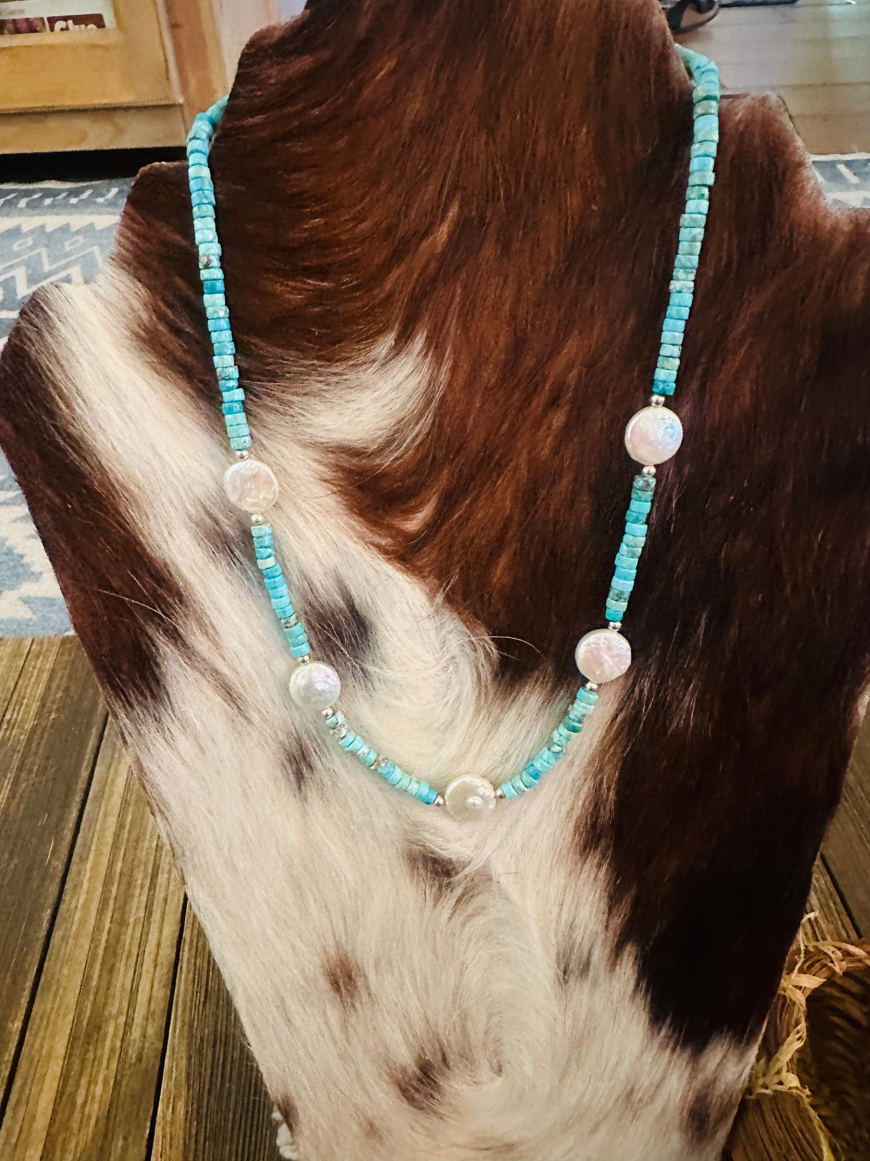 Handcrafted Turquoise, Mother of Pearl & Sterling Silver 16” Beaded Necklace