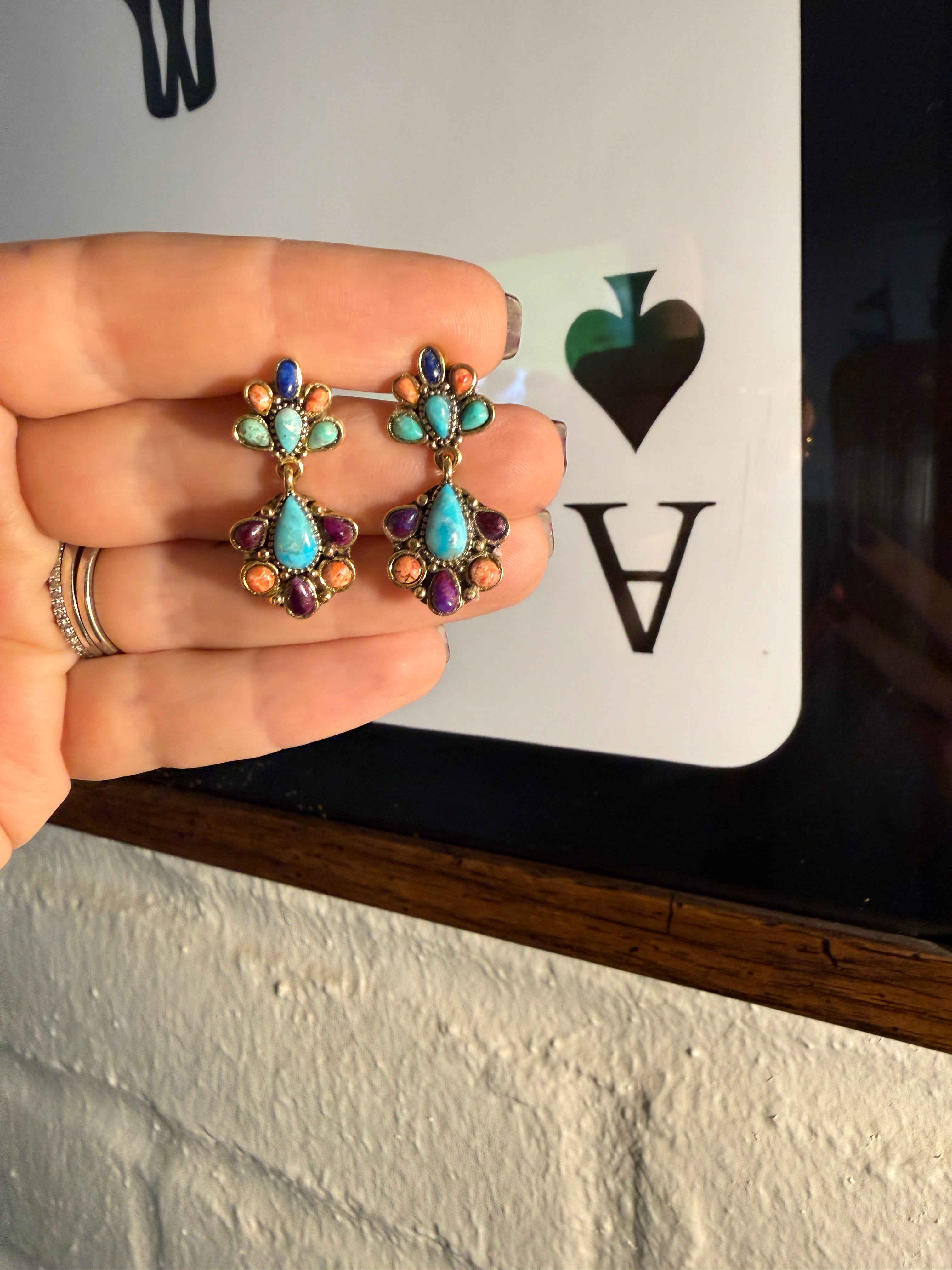 “The Golden Collection” Handmade Gold Plated Sterling Silver, Lapis, Orange Sponge Coral & Turquoise Post Dangle Earrings