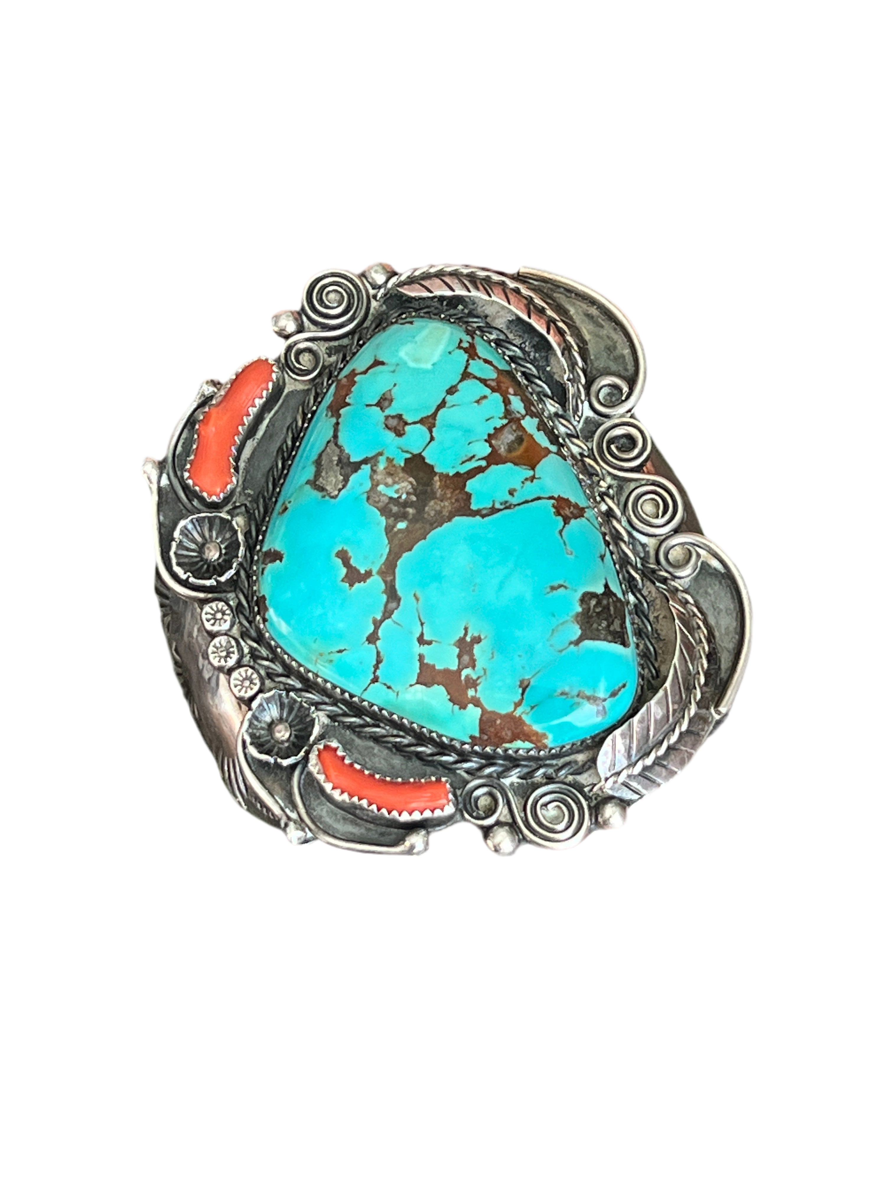 Handcrafted Vintage Sterling Silver, Turquoise and Coral Cuff Bracelet, Unsigned /