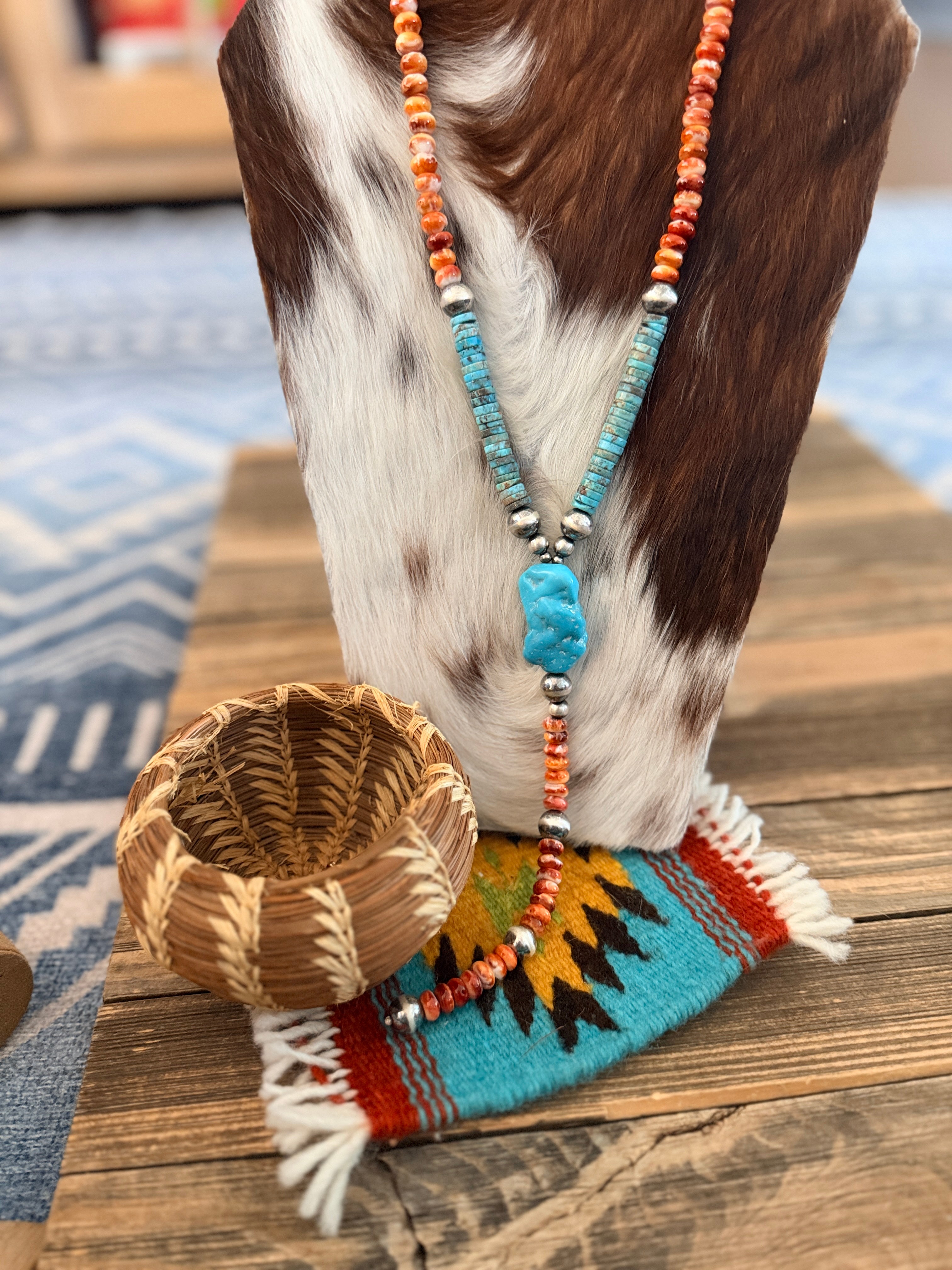 Handcrafted Spiny Oyster, Turquoise & Sterling Silver Beaded Lariat Necklace