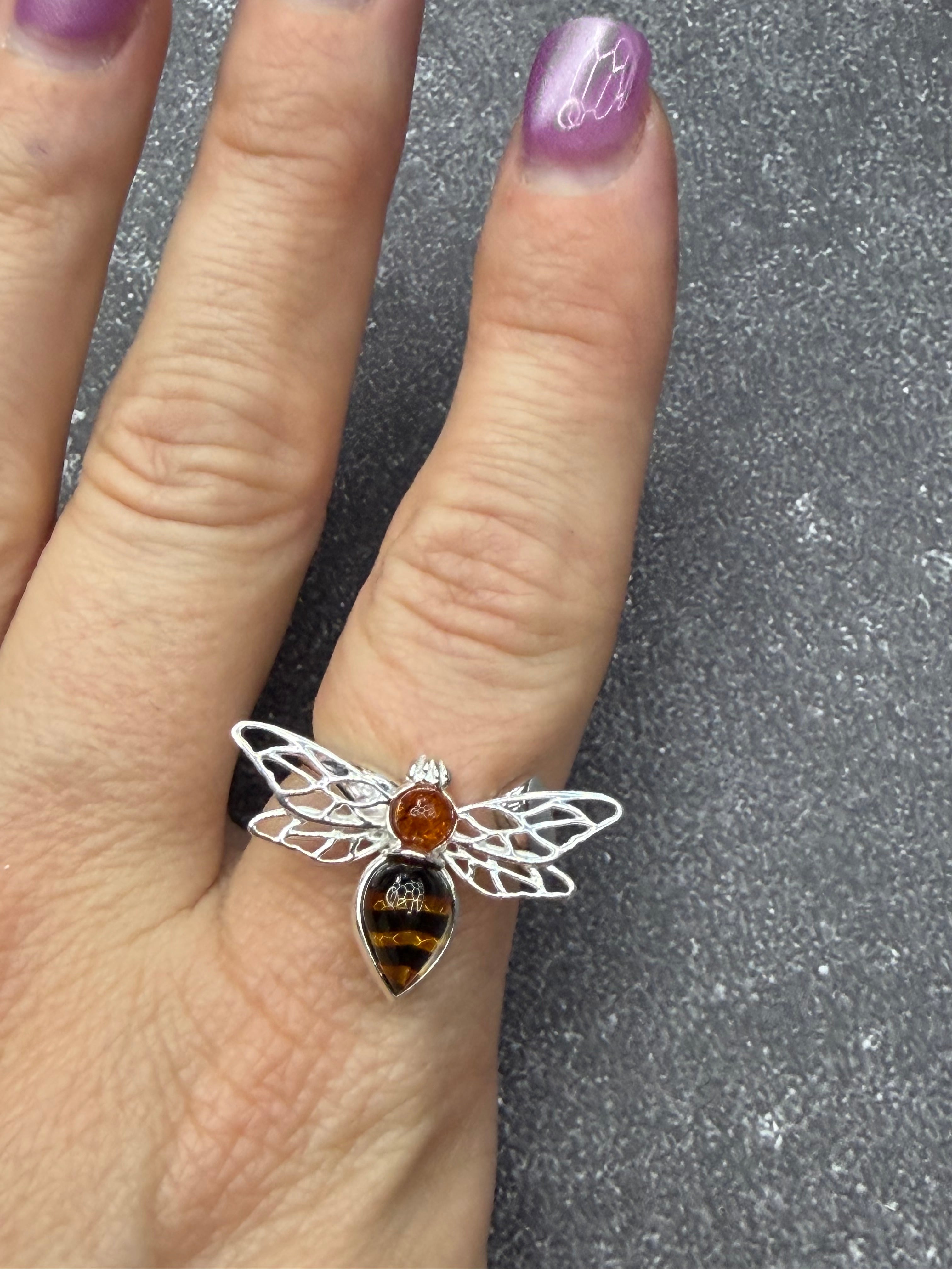 Sterling Silver Handmade Amber Bee Adjustable Ring