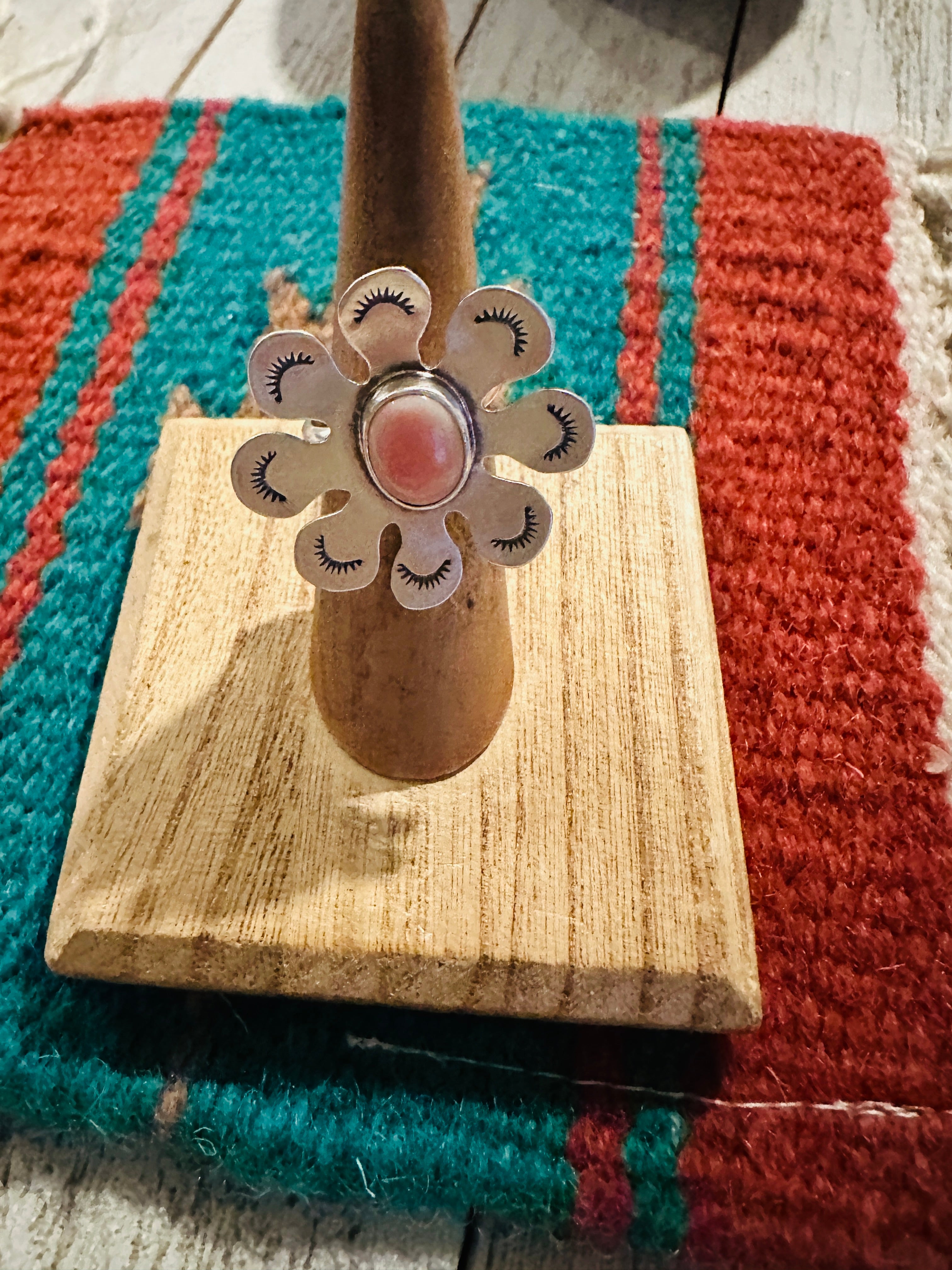 Handcrafted Sterling Silver & Queen Pink Conch Shell Adjustable Flower Ring