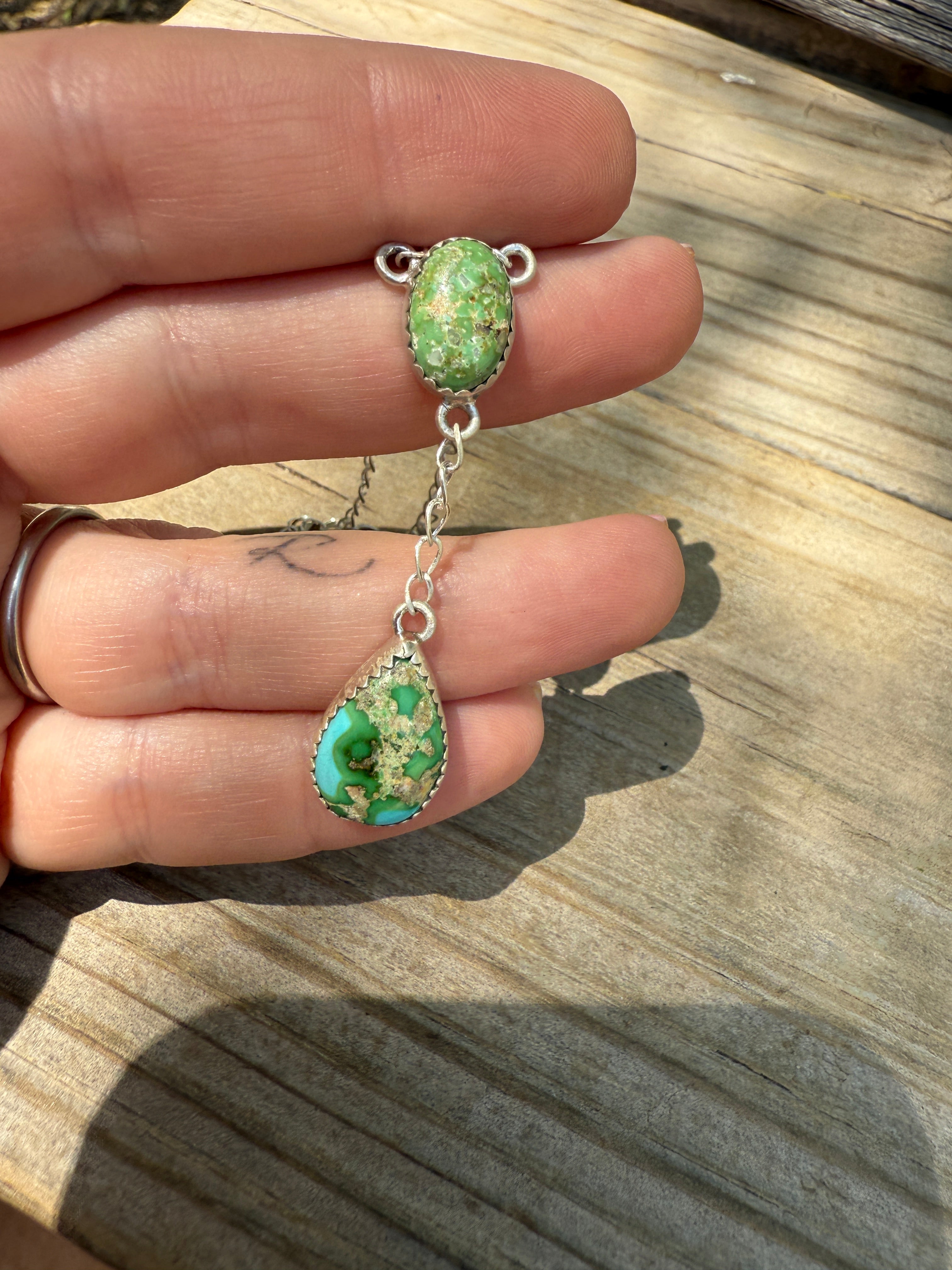 Beautiful Handmade Sterling Silver & Sonoran Turquoise 2 Stone Drop Necklace