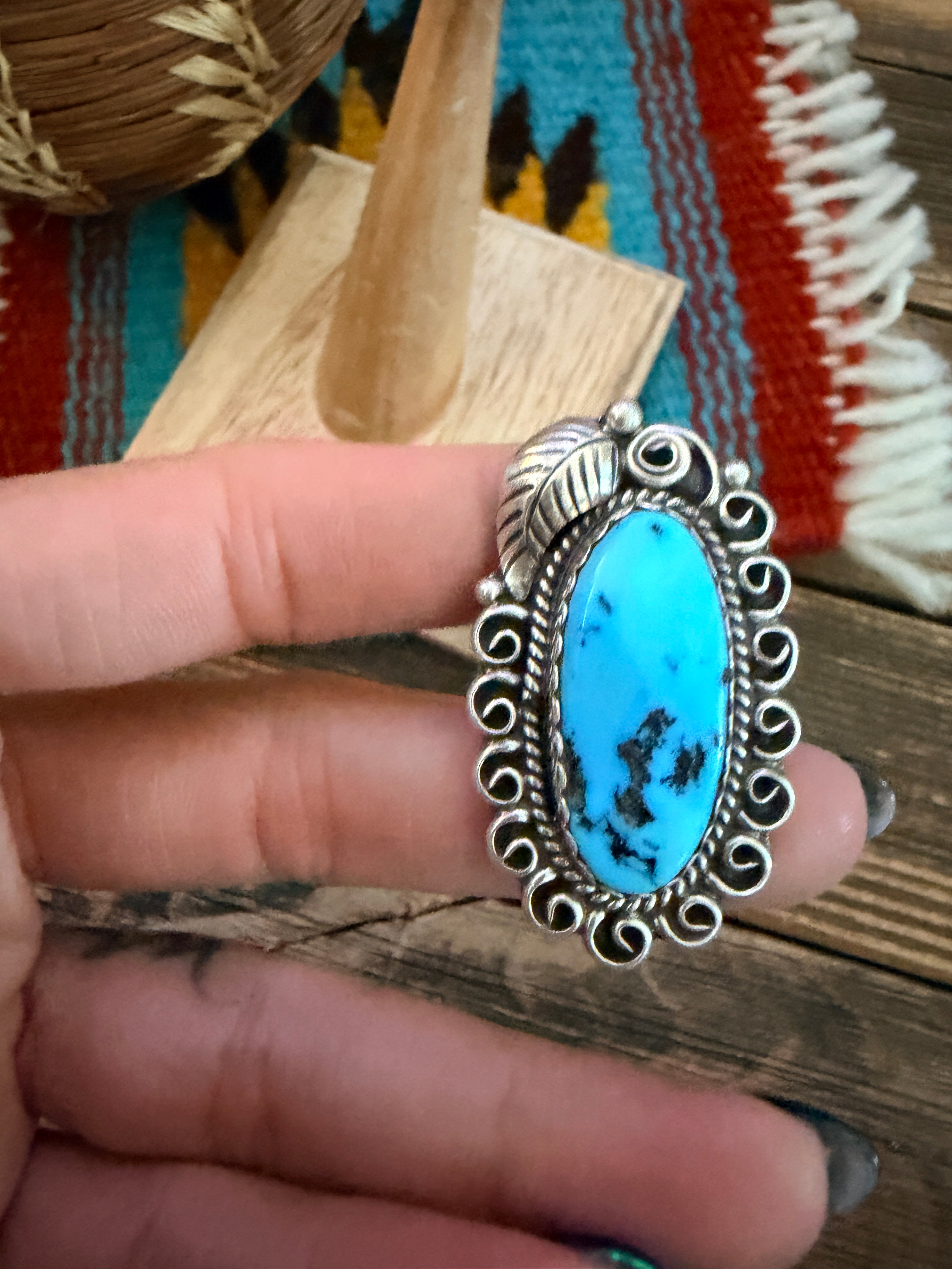 Old Pawn Handcrafted Turquoise & Sterling Silver Ring Size 10.75