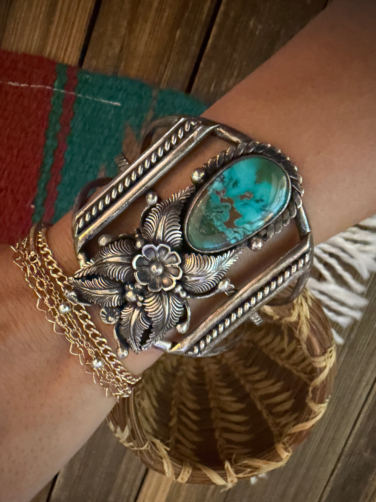 Handcrafted Old Pawn Sterling Silver & Turquoise Flower Cuff Bracelet