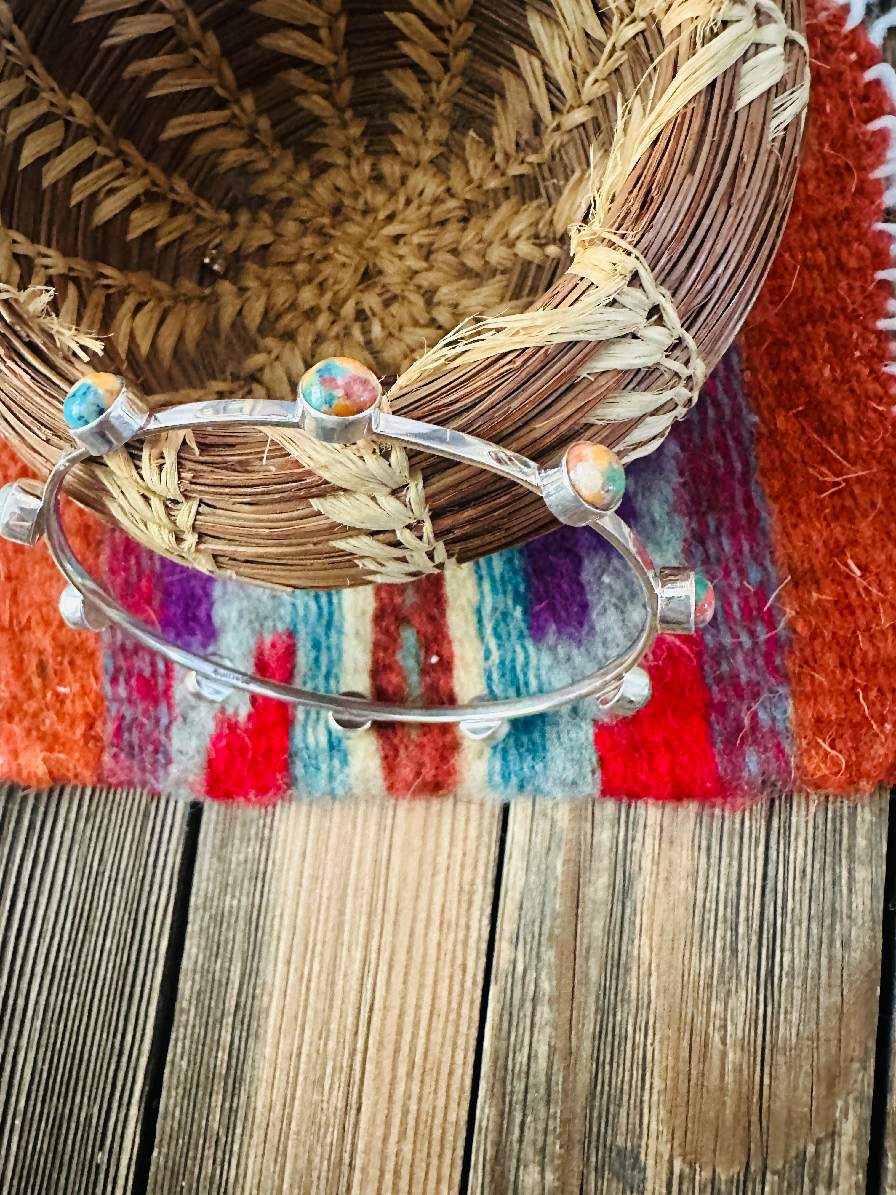 Handcrafted Multi Stone & Sterling Silver Bangle Bracelet