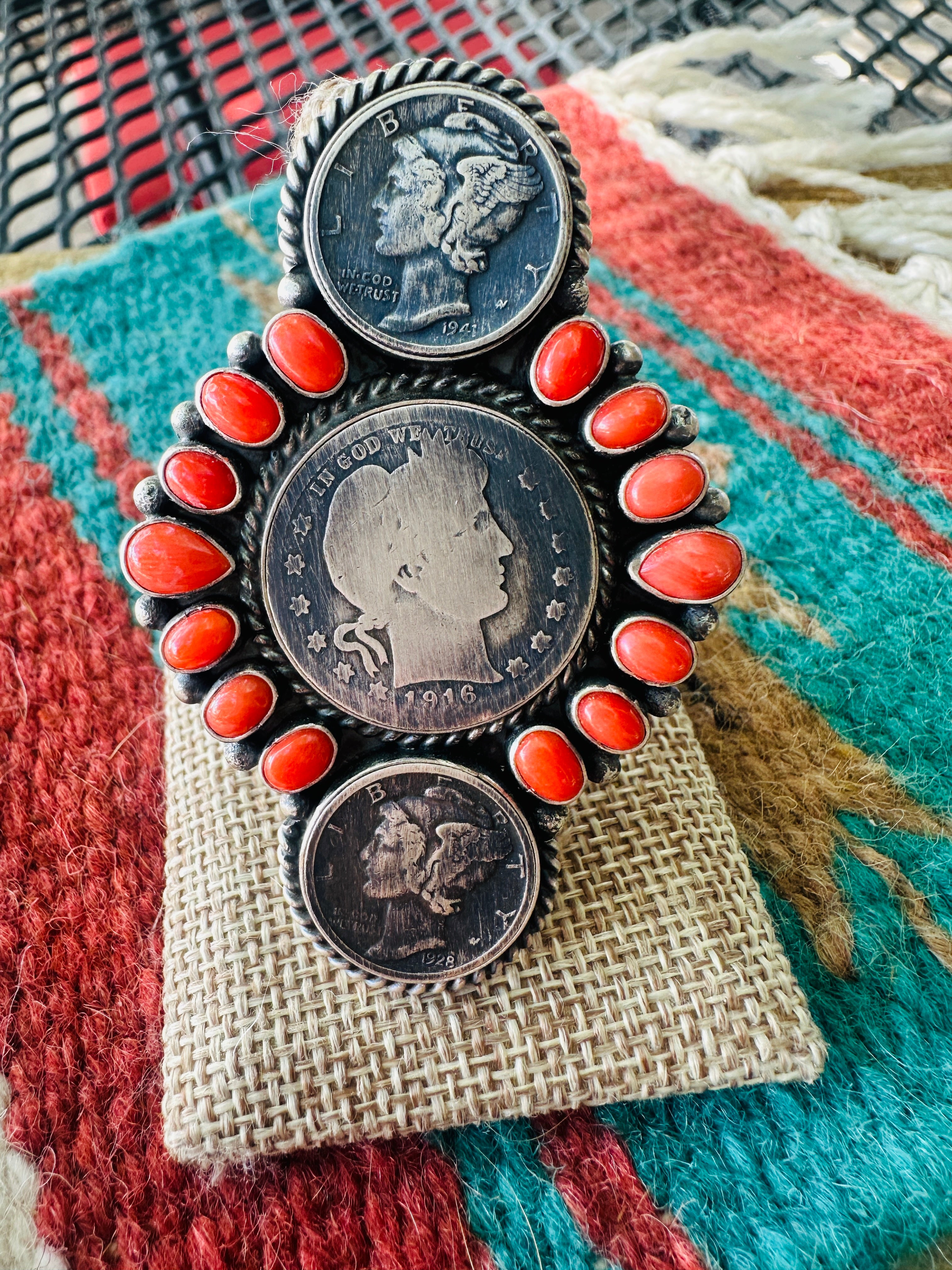 Handcrafted Sterling Silver & Coral Coin Ring Size 9