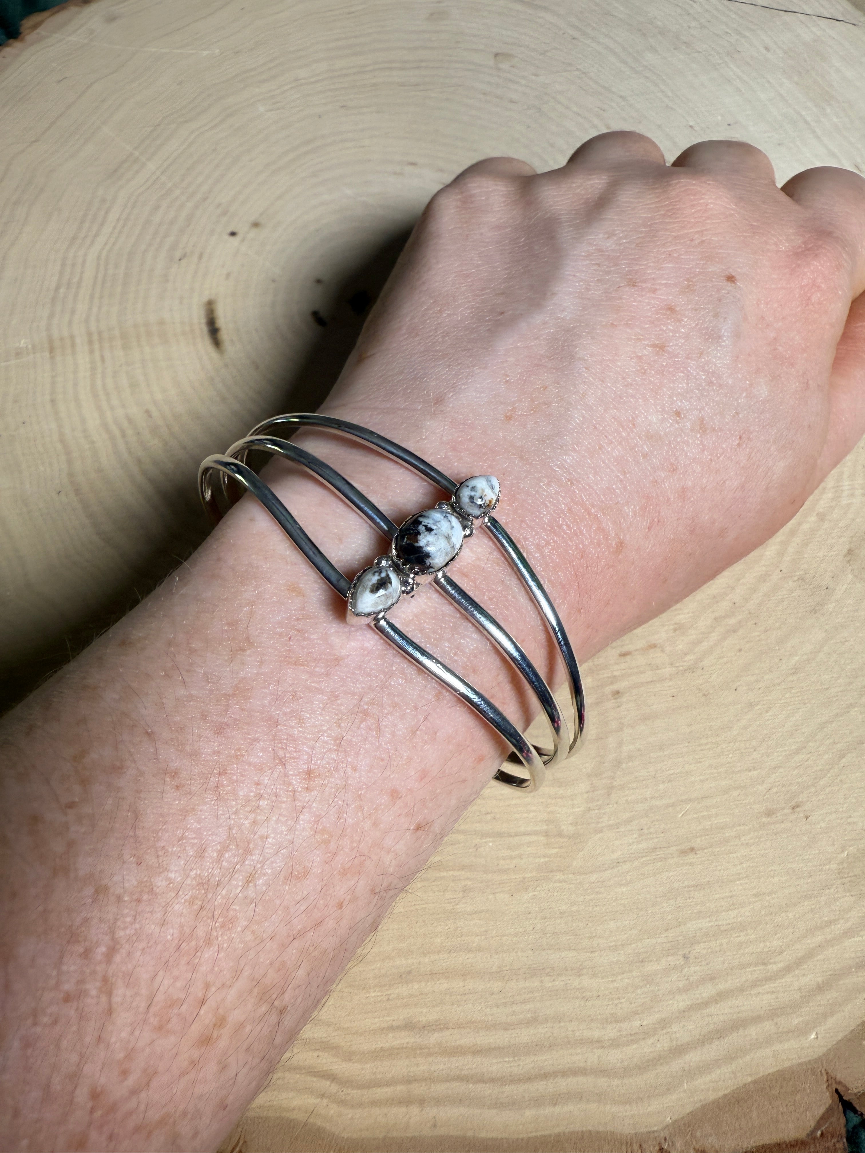 Handmade White Buffalo & Sterling Silver 3 Stone Adjustable Cuff Bracelet