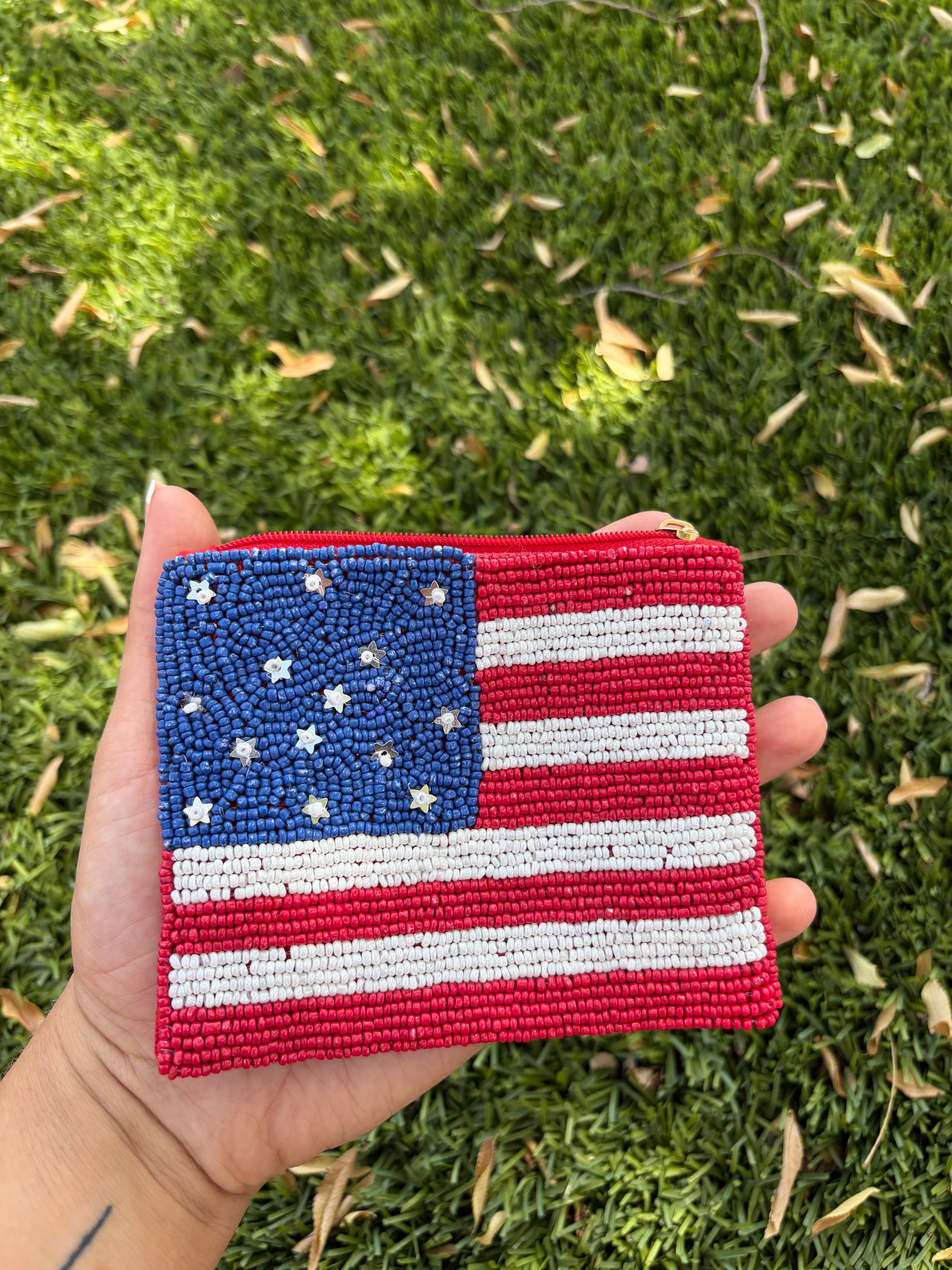 Handmade Beaded American Flag Coin Purse (with beaded stars)