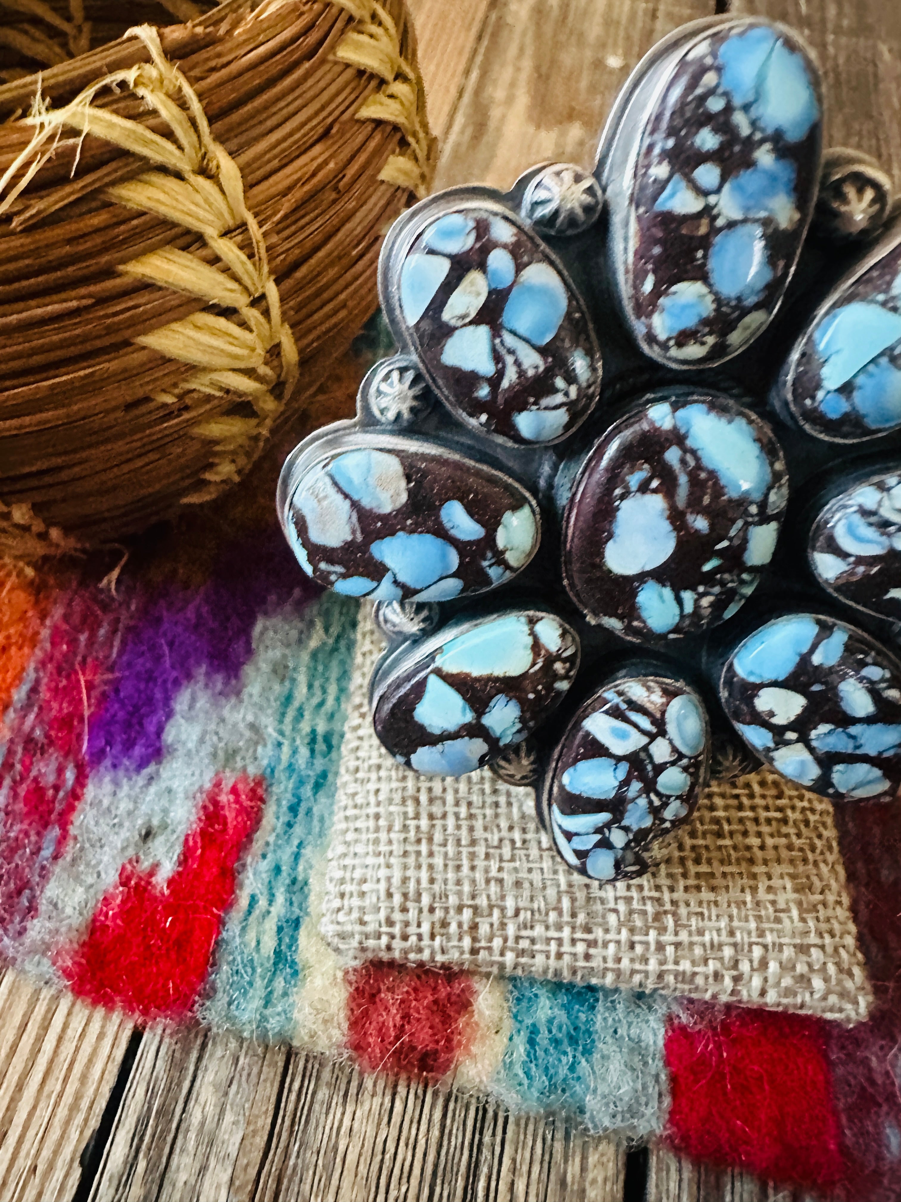 Handcrafted Golden Hills Turquoise & Sterling Silver Cluster Adjustable Ring