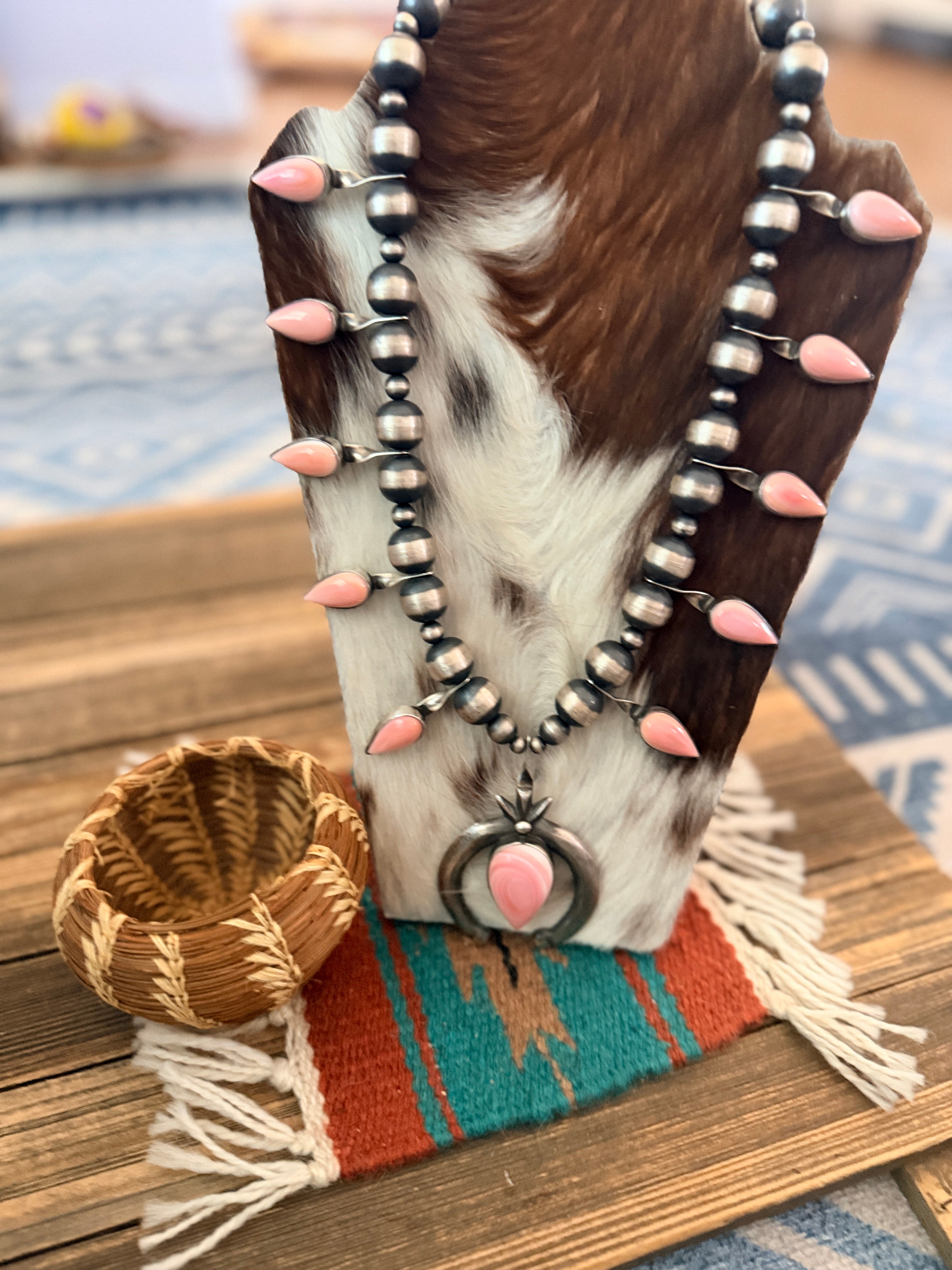 Handcrafted Sterling Silver & Queen Pink Conch Squash Blossom Necklace by Chimney Butte