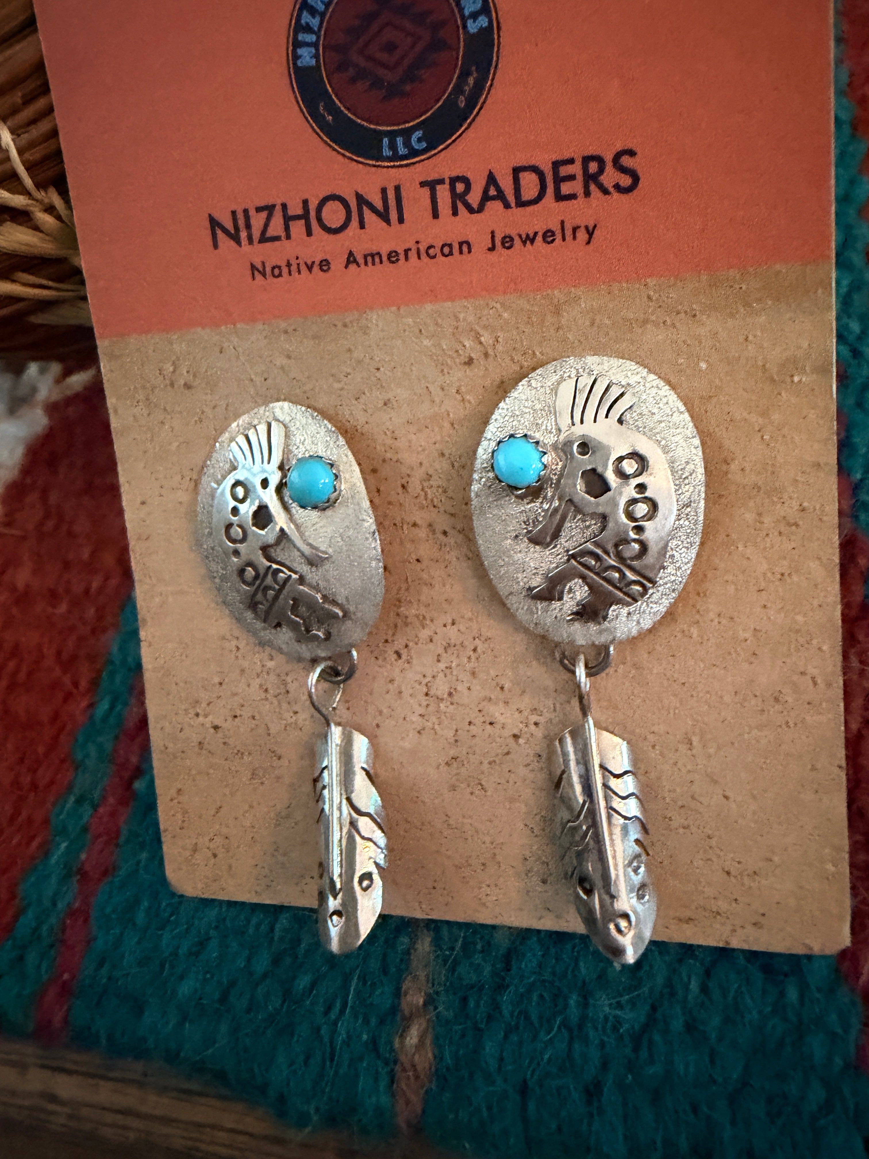 Handcrafted Turquoise & Sterling Silver Kokopelli Dangle Earrings