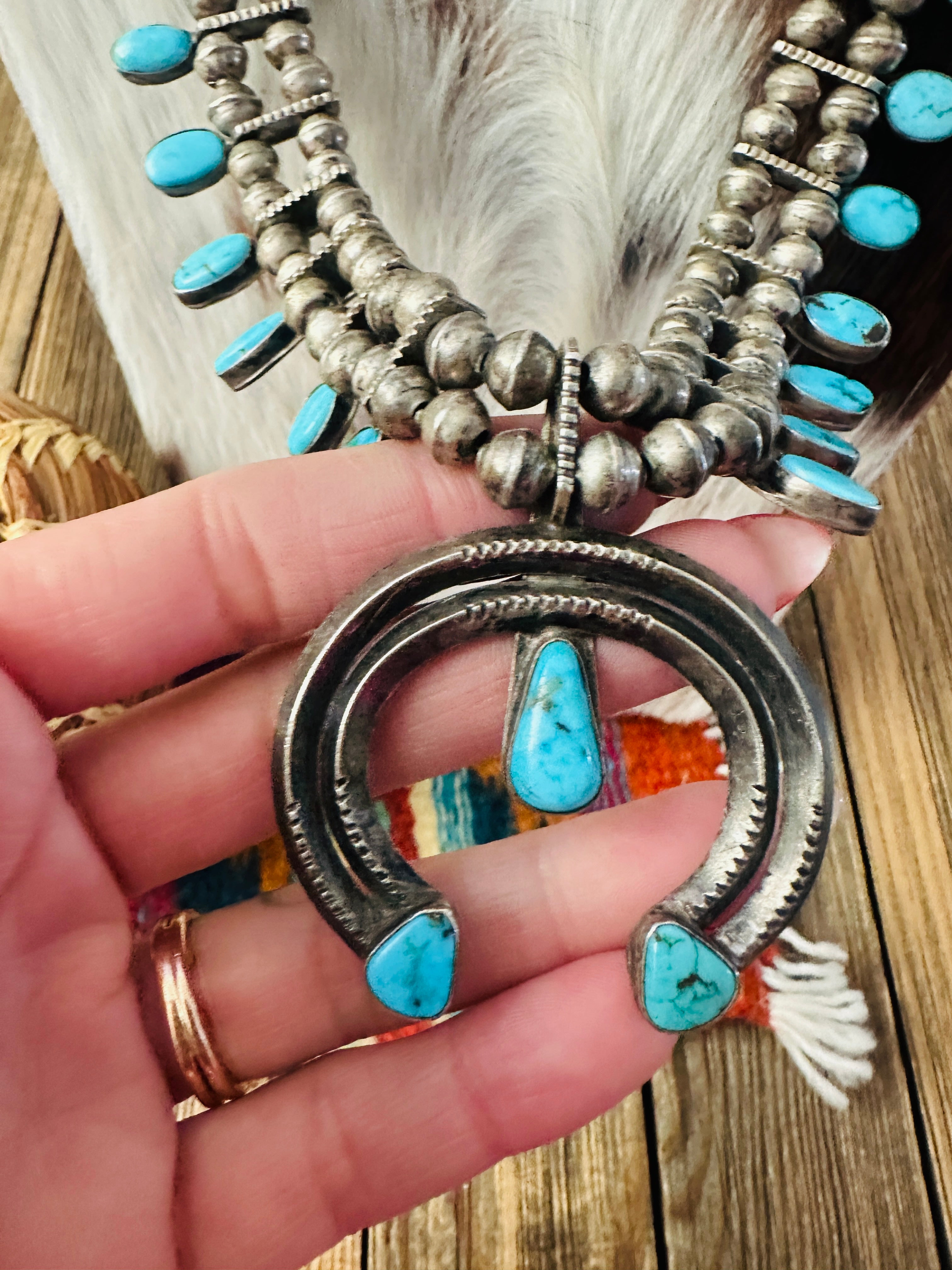 Old Pawn Handcrafted Turquoise & Sterling Silver Squash Blossom Necklace