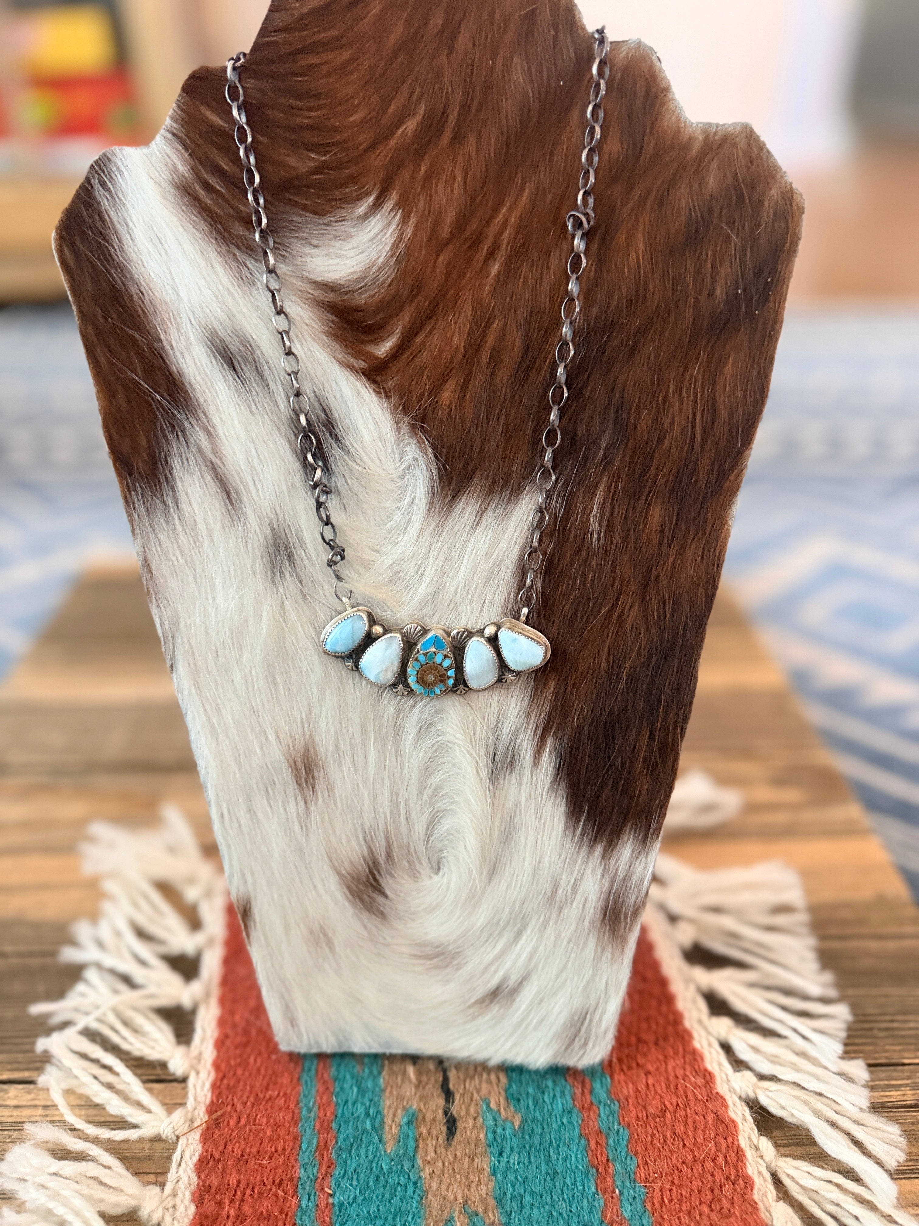 Handmade Sterling Silver, Larimar & Ammonite w/ Shattuckite Inlay Necklace Necklace