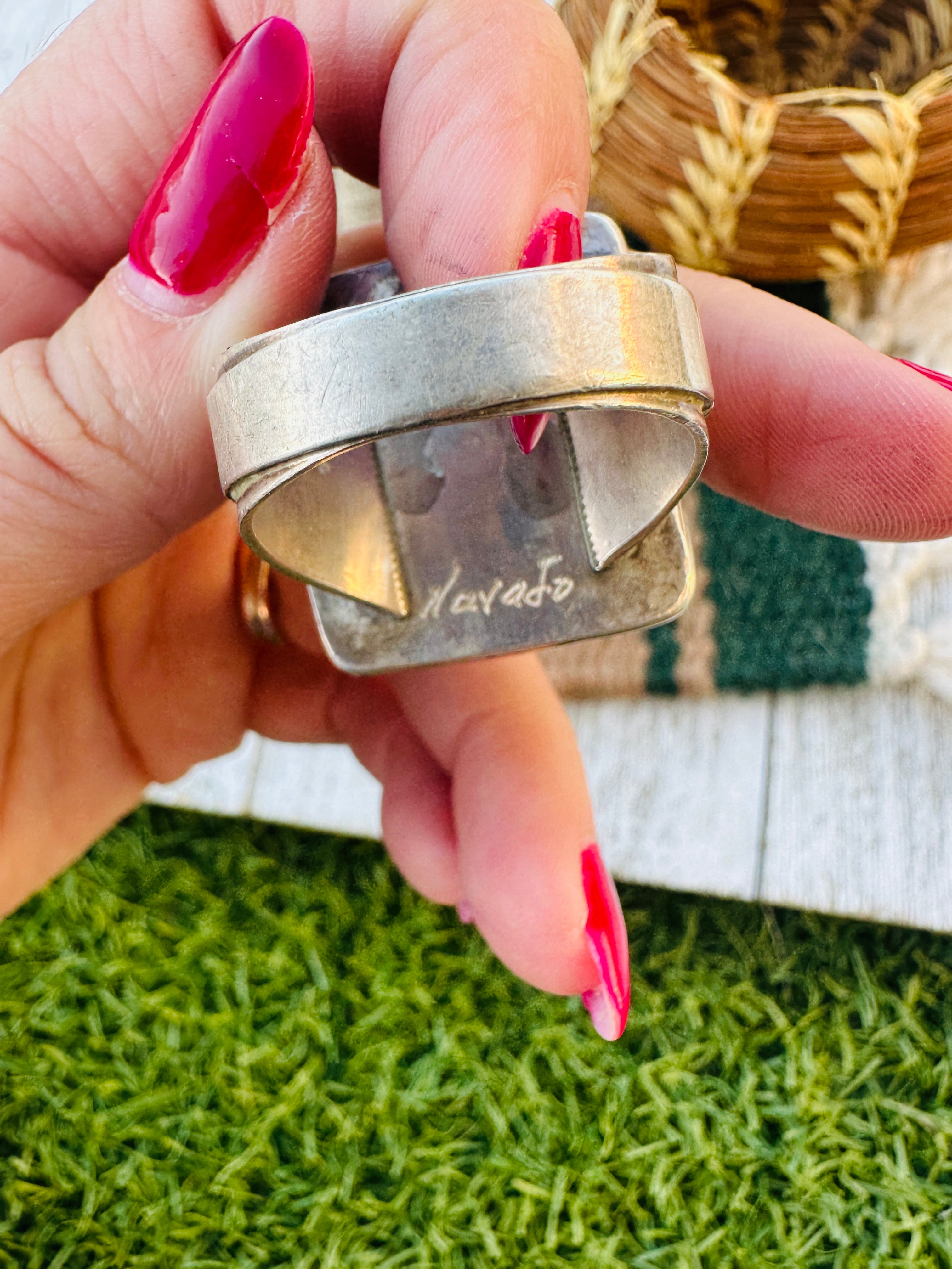 Old Pawn Handcrafted Turquoise & Sterling Silver Ring Size 14.25