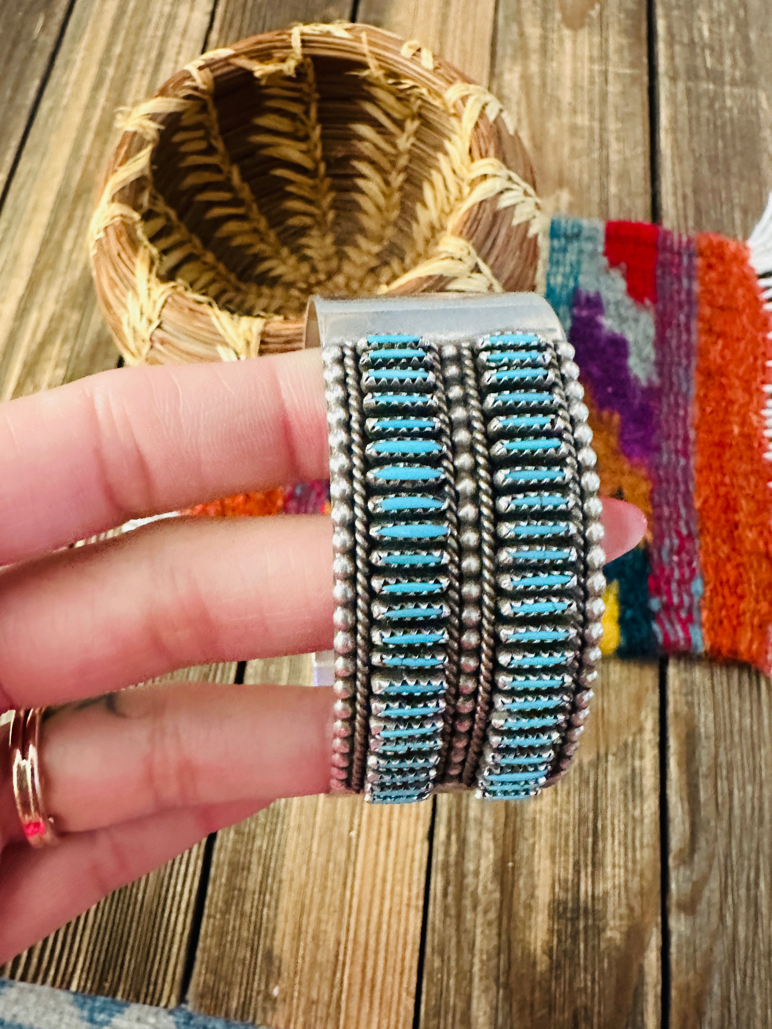 Handcrafted Old Pawn Sterling Silver & Turquoise Needlepoint Cuff Bracelet