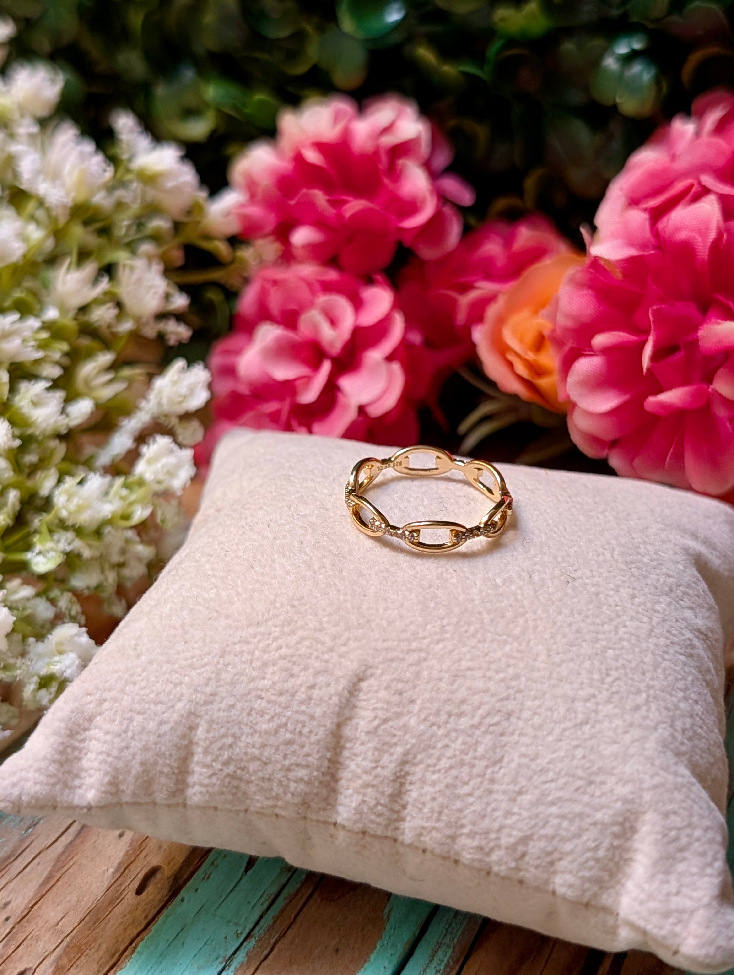 14K Gold Plated Sterling Silver CZ Open Chain Link Ring