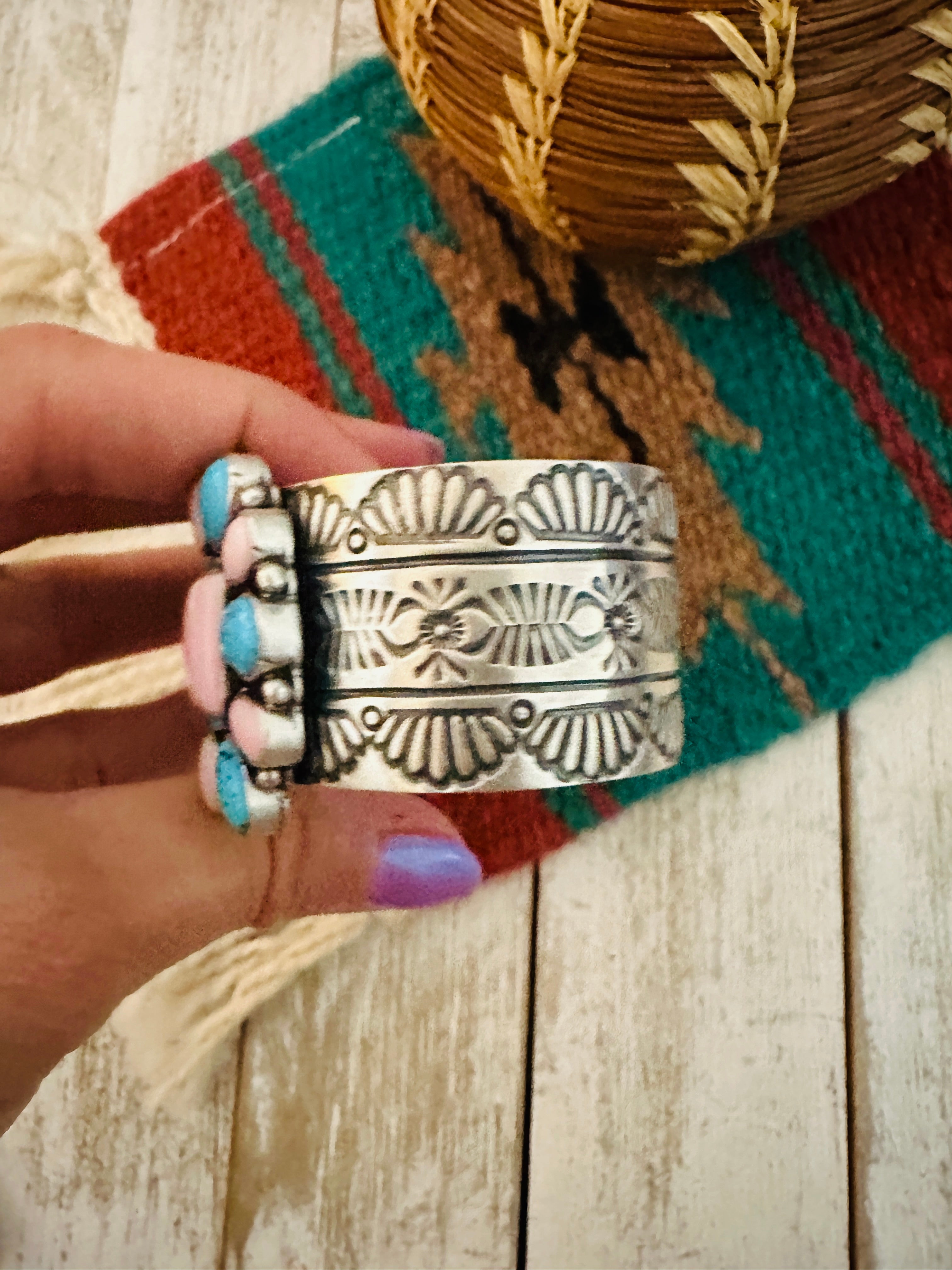Handcrafted Sterling Silver, Turquoise & Queen Pink Conch Cuff Bracelet