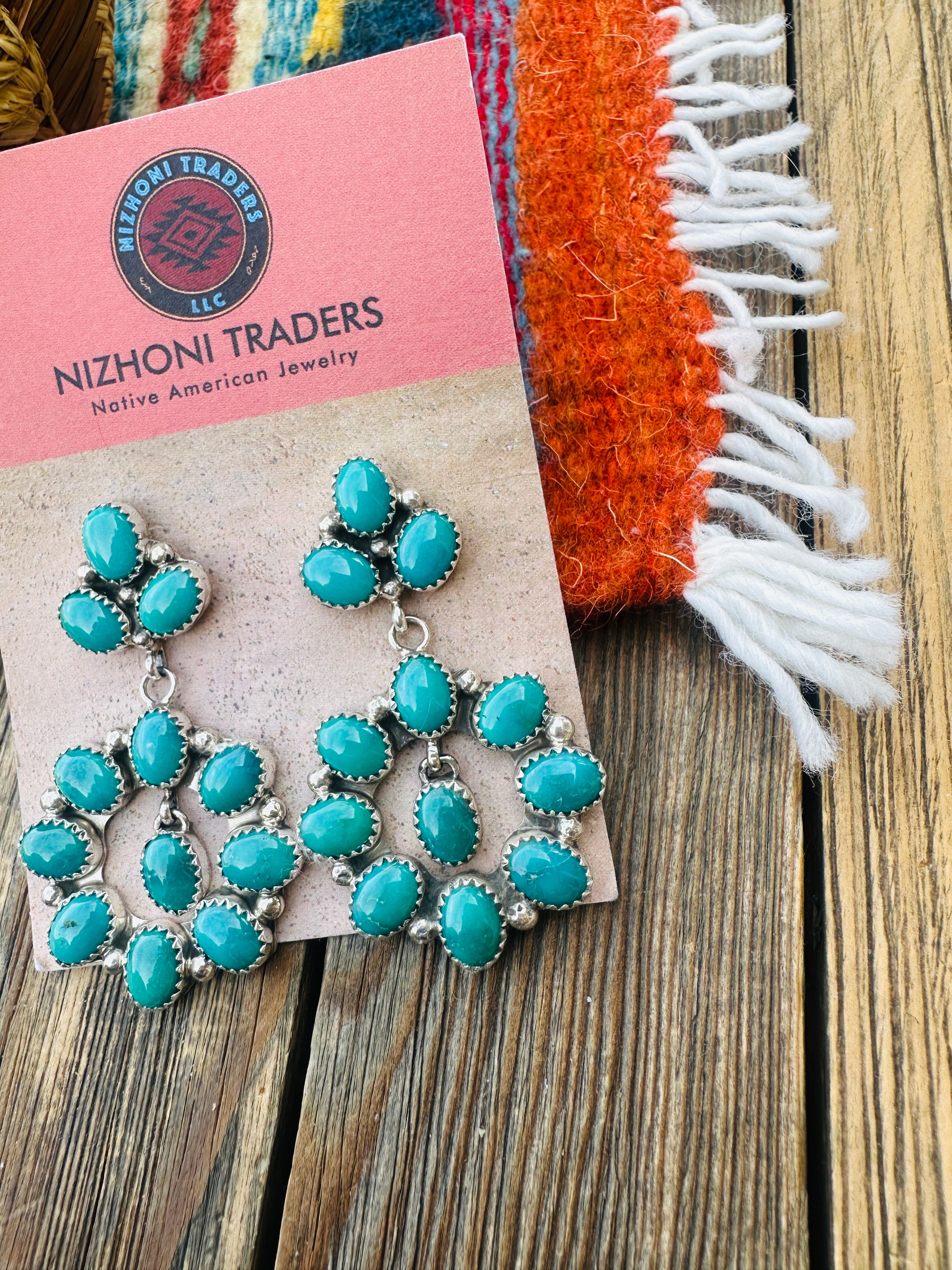 Handcrafted Emerald Valley Turquoise & Sterling Silver Cluster Dangle Earrings