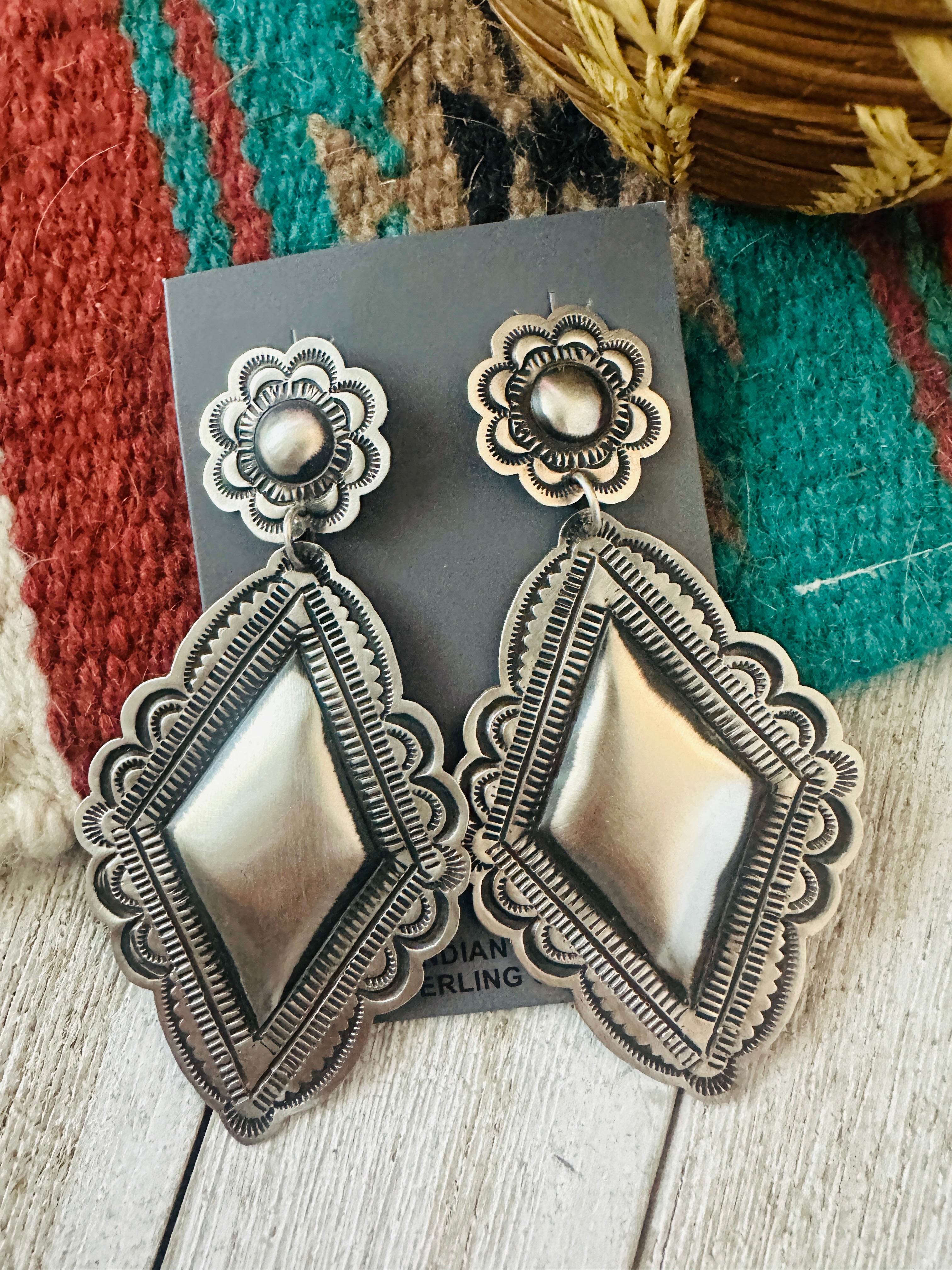 Handcrafted Sterling Silver Concho Dangle Earrings by Leander Tahe
