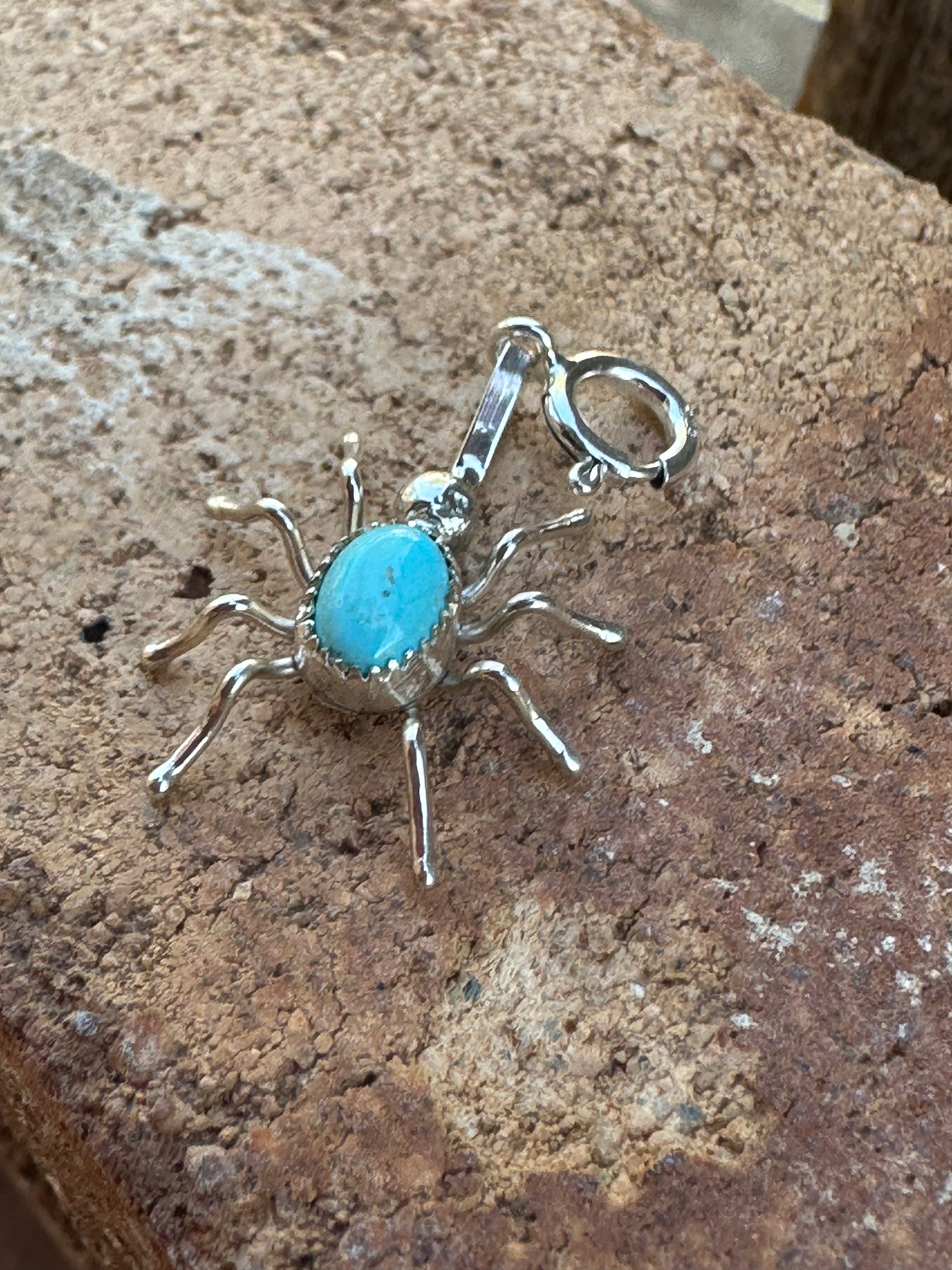 Handcrafted Crafted Sterling Silver and Turquoise Spider Charm