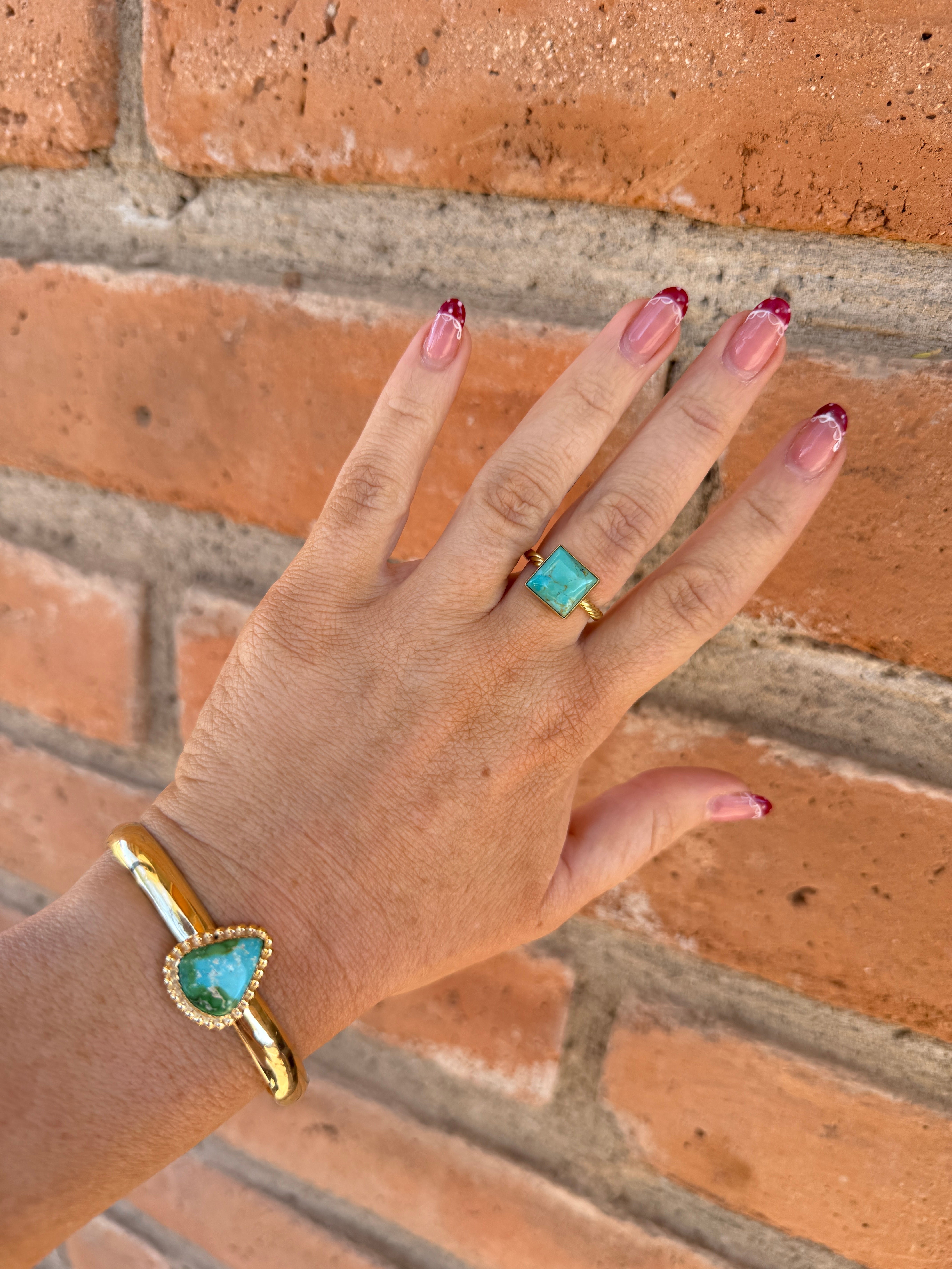 “The Golden Collection” Olive Square Handmade Natural Turquoise 14k Gold Plated Sterling Silver Adjustable Ring