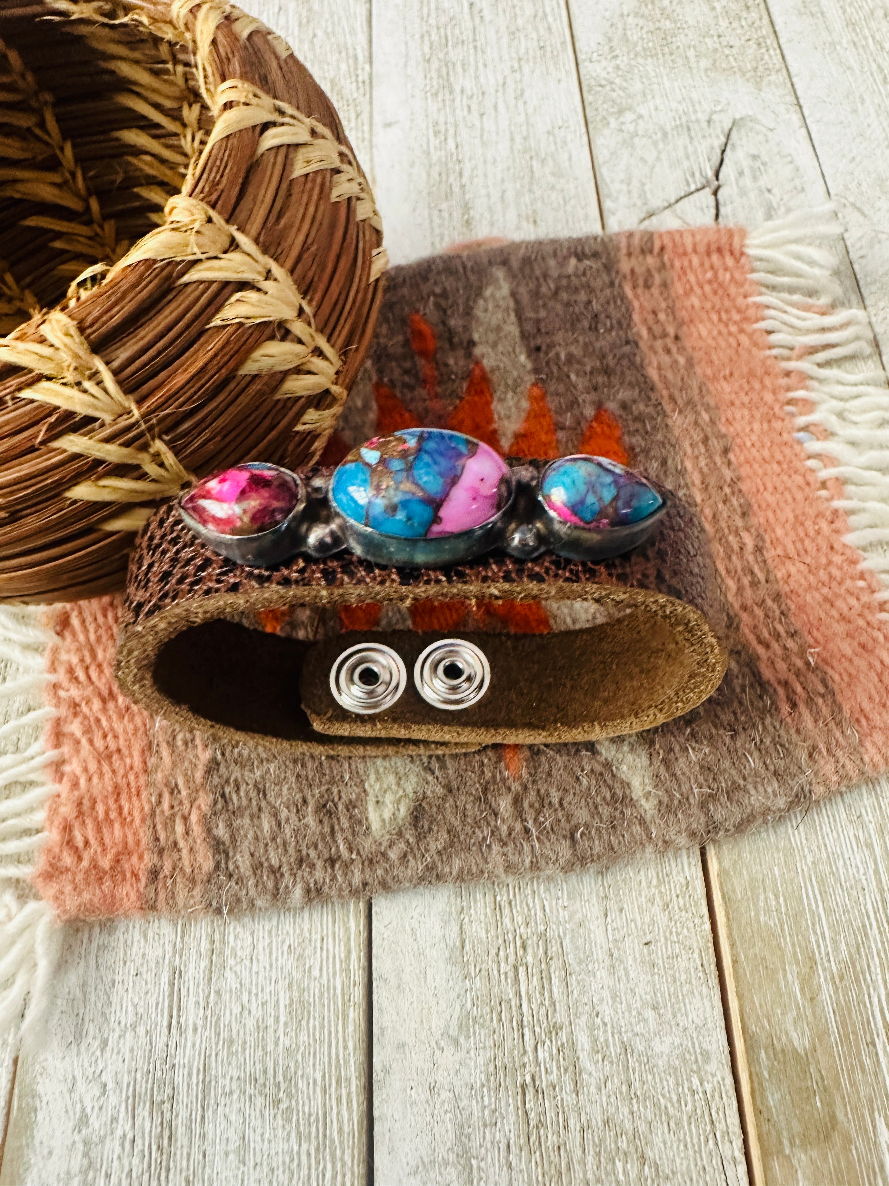 Handcrafted Pink Dream Mojave & Sterling Silver Leather Bracelet