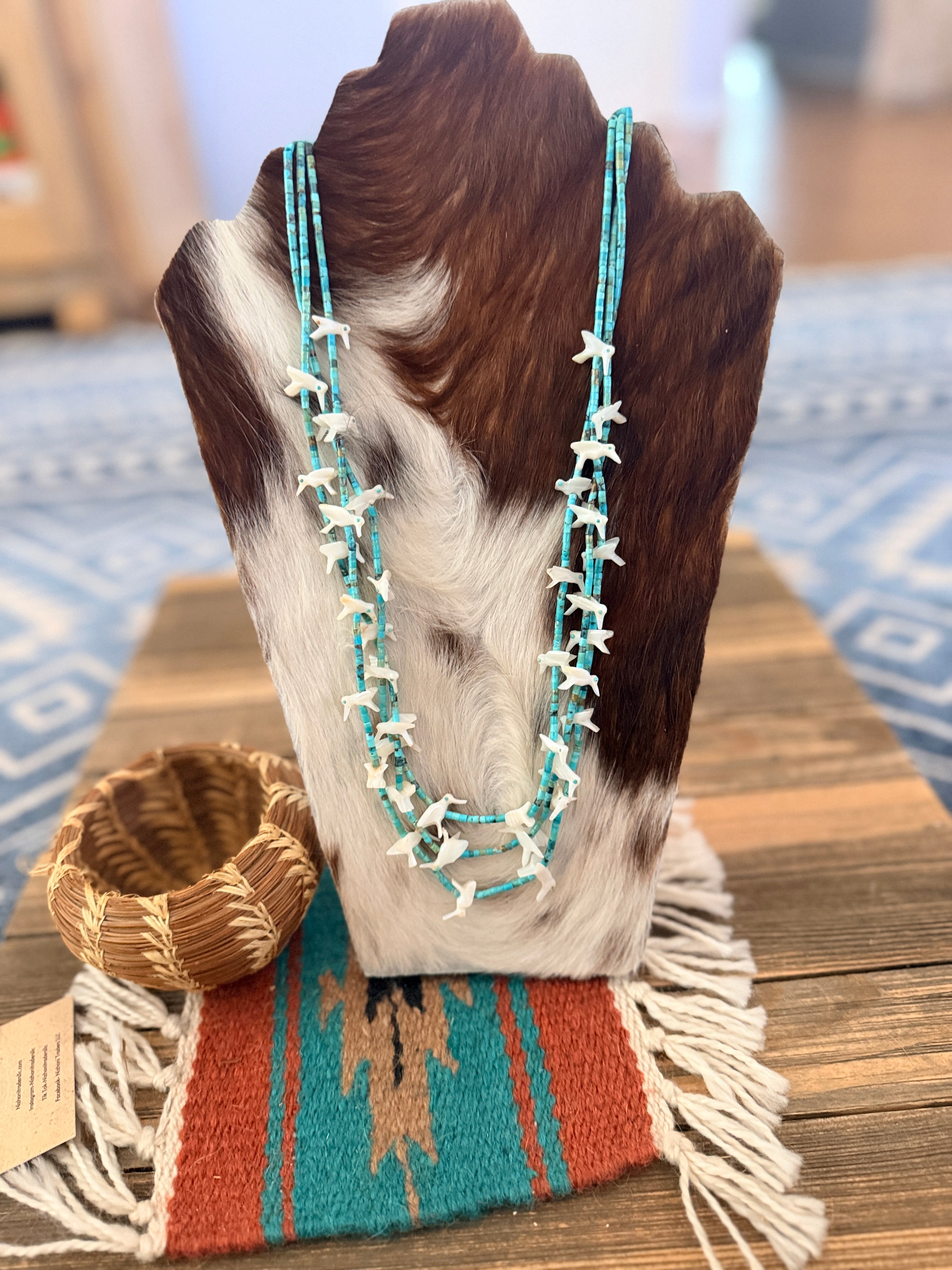Old Pawn Handcrafted Turquoise & Mother of Pearl Fetish Hummingbird Beaded 29” Necklace