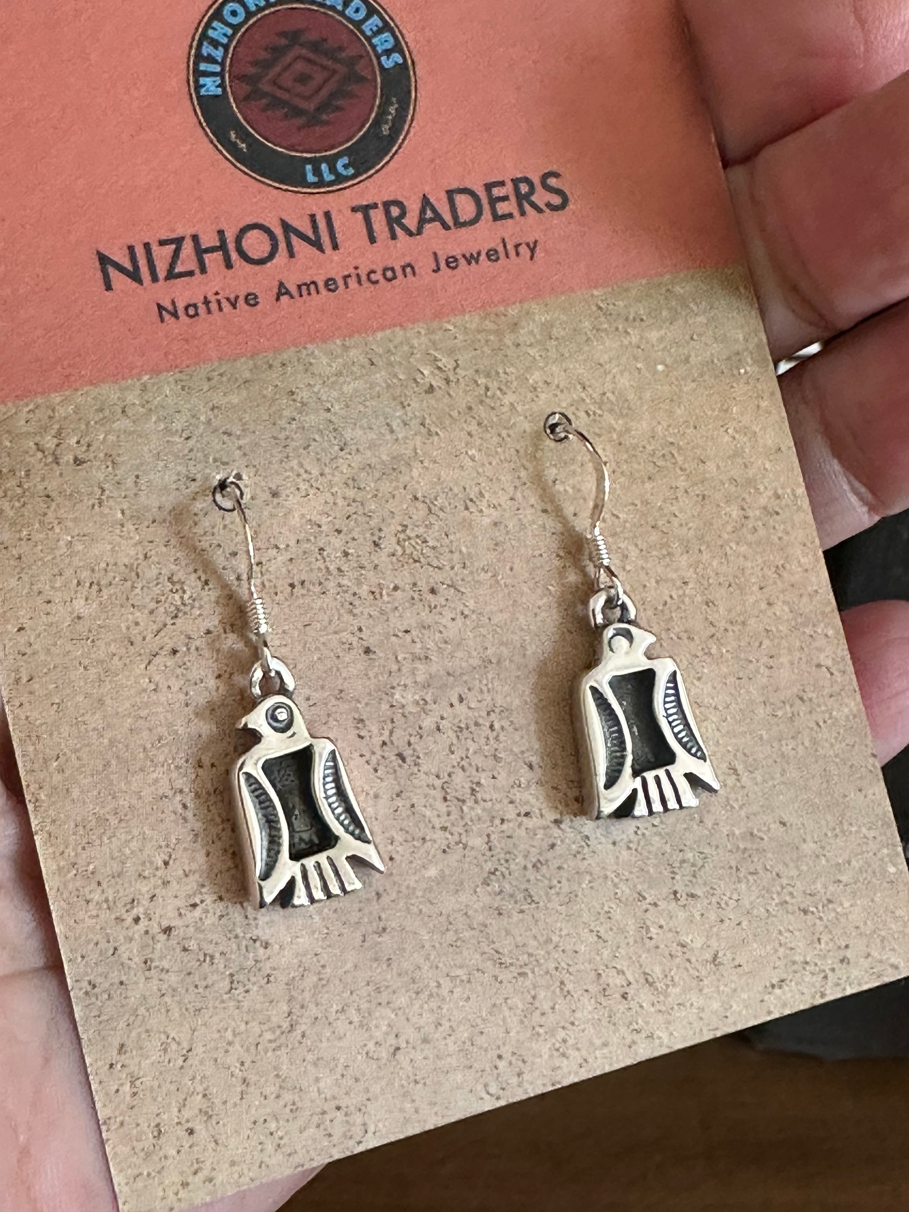 Hand Stamped Sterling Silver Thunderbird Dangle Earrings