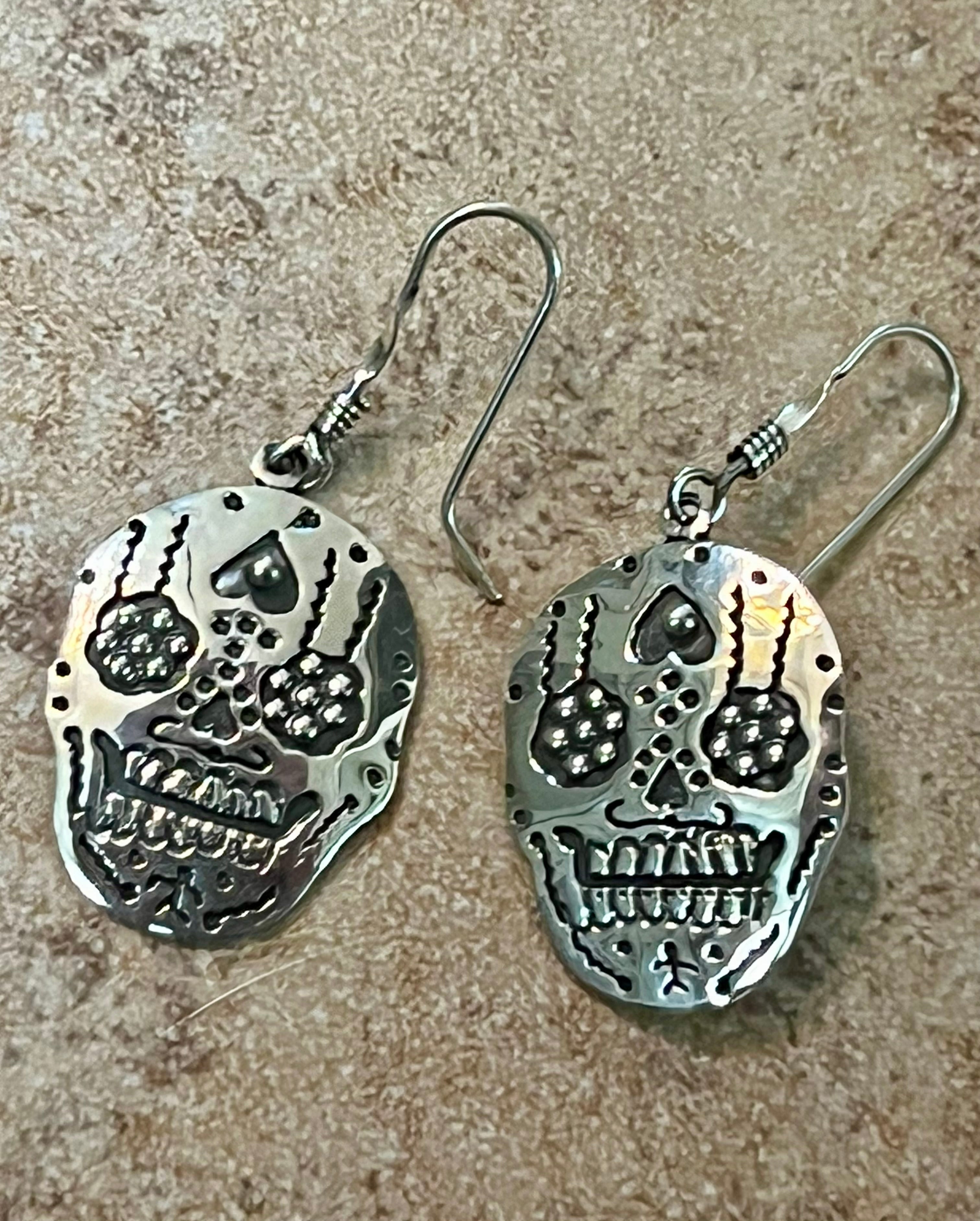Sugar Skull with Upside Down Heart Sterling Silver Earrings