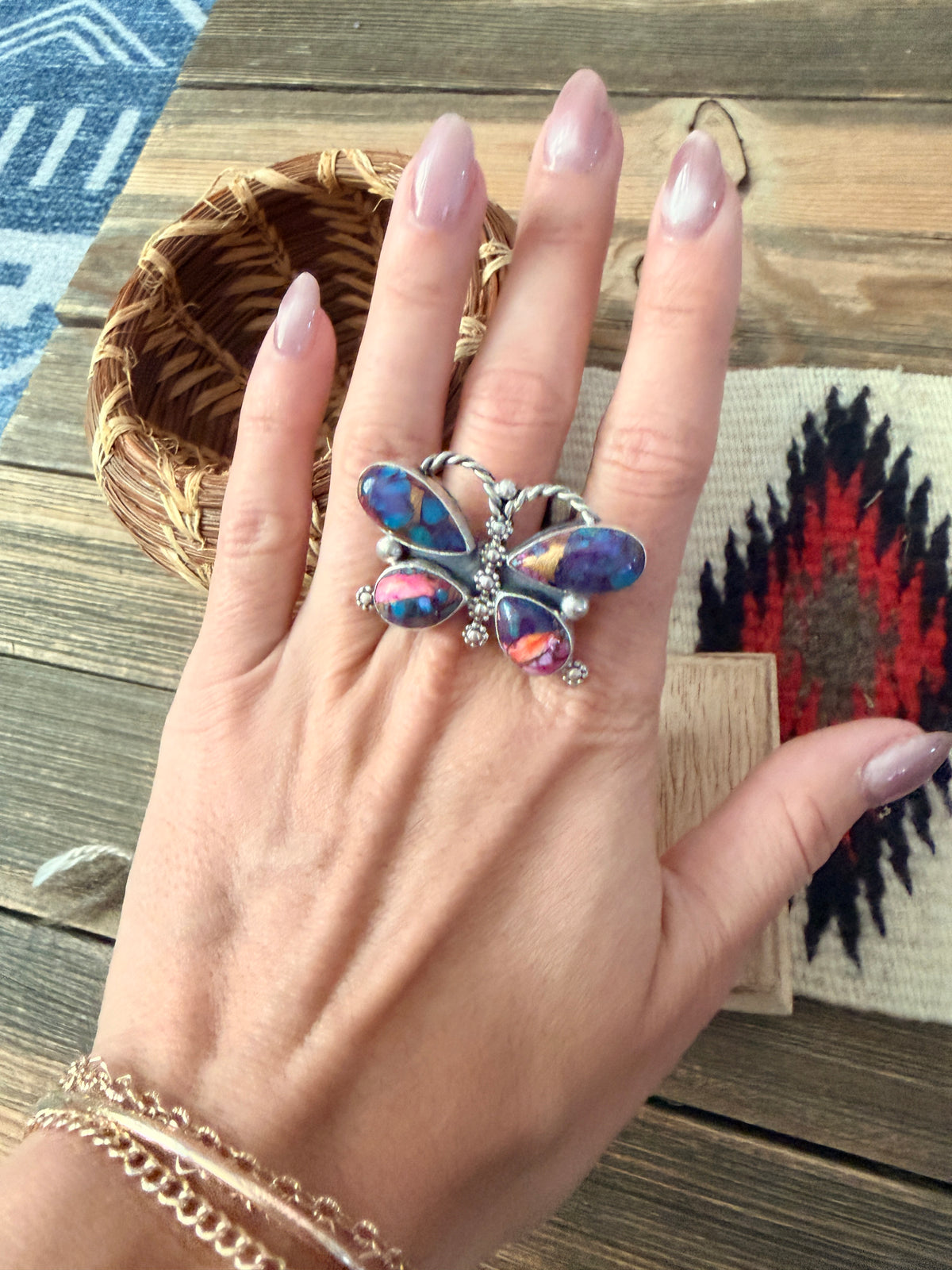 Handcrafted Pink Dream Mojave & Sterling Silver Adjustable Butterfly Ring