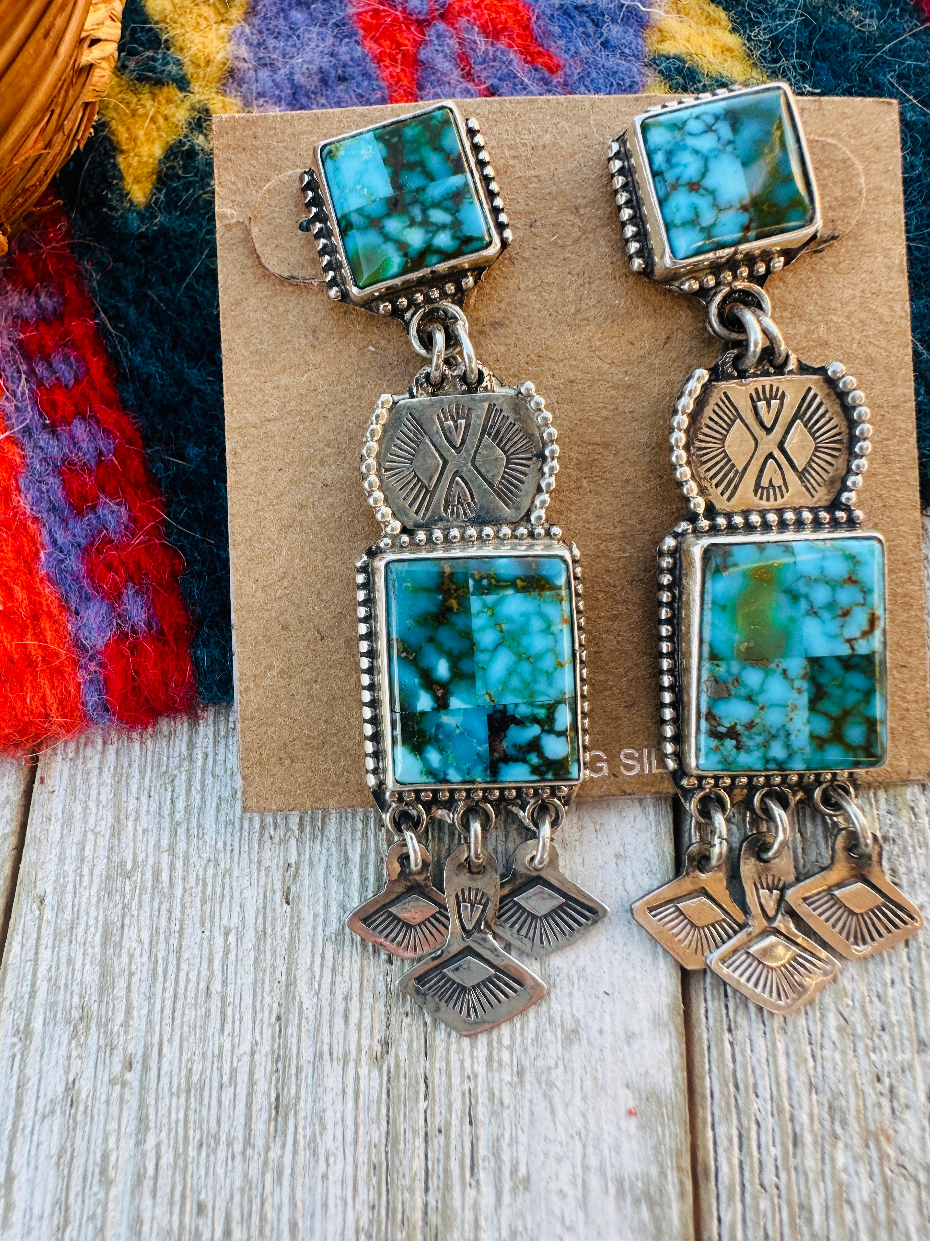 Aldrich Art Jewelry Kingman Web Turquoise & Sterling Silver Inlay Dangle Earrings