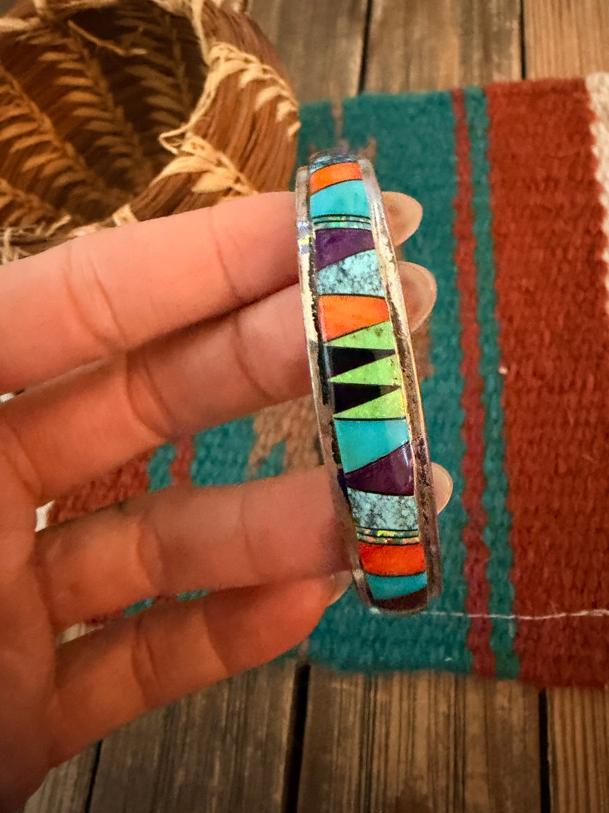 Handcrafted Old Pawn Sterling Silver & Multi Stone Inlay Cuff Bracelet