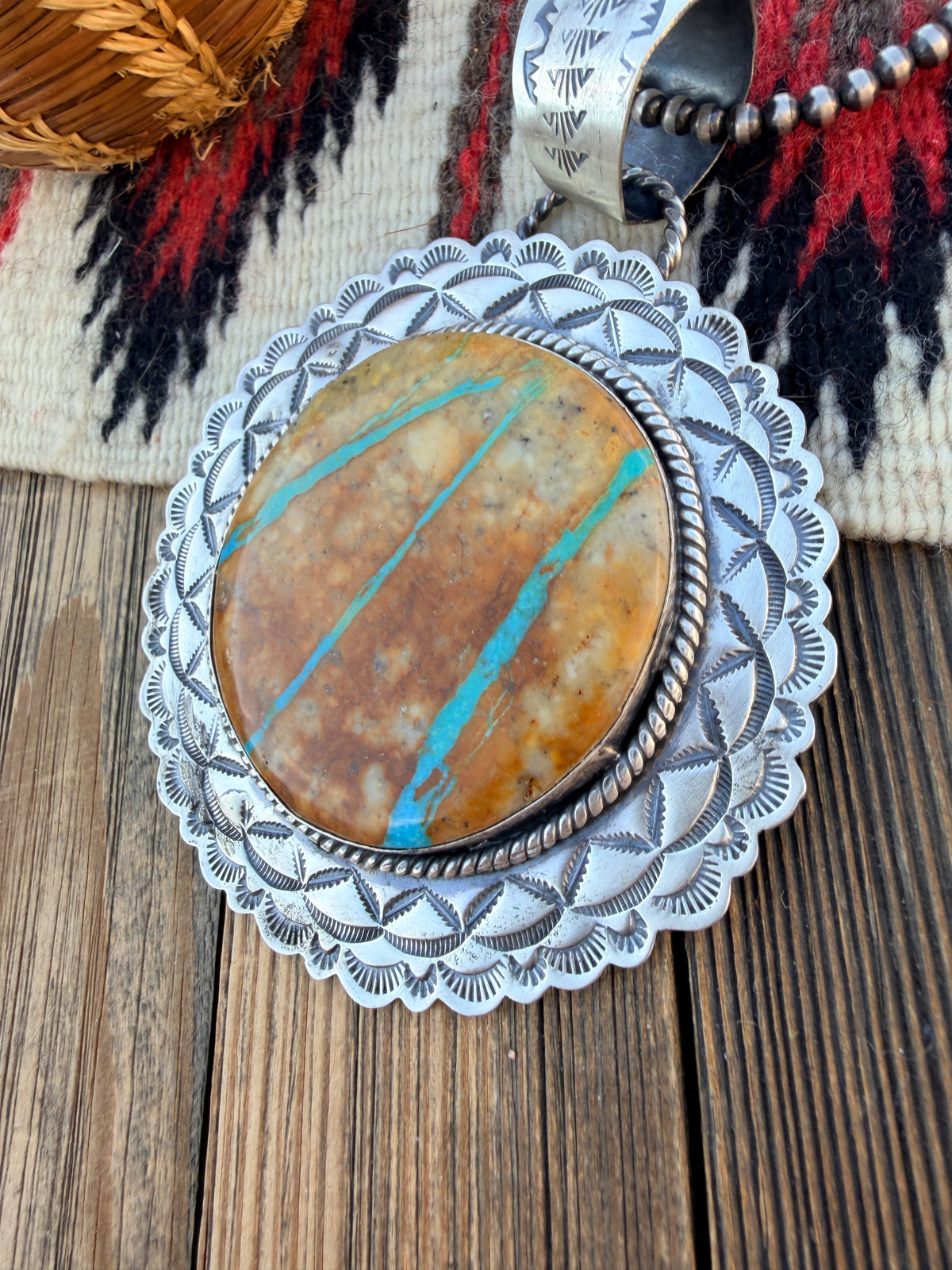 Handcrafted Sterling Silver & Royston Ribbon Turquoise Pendant by Rick Enriquez