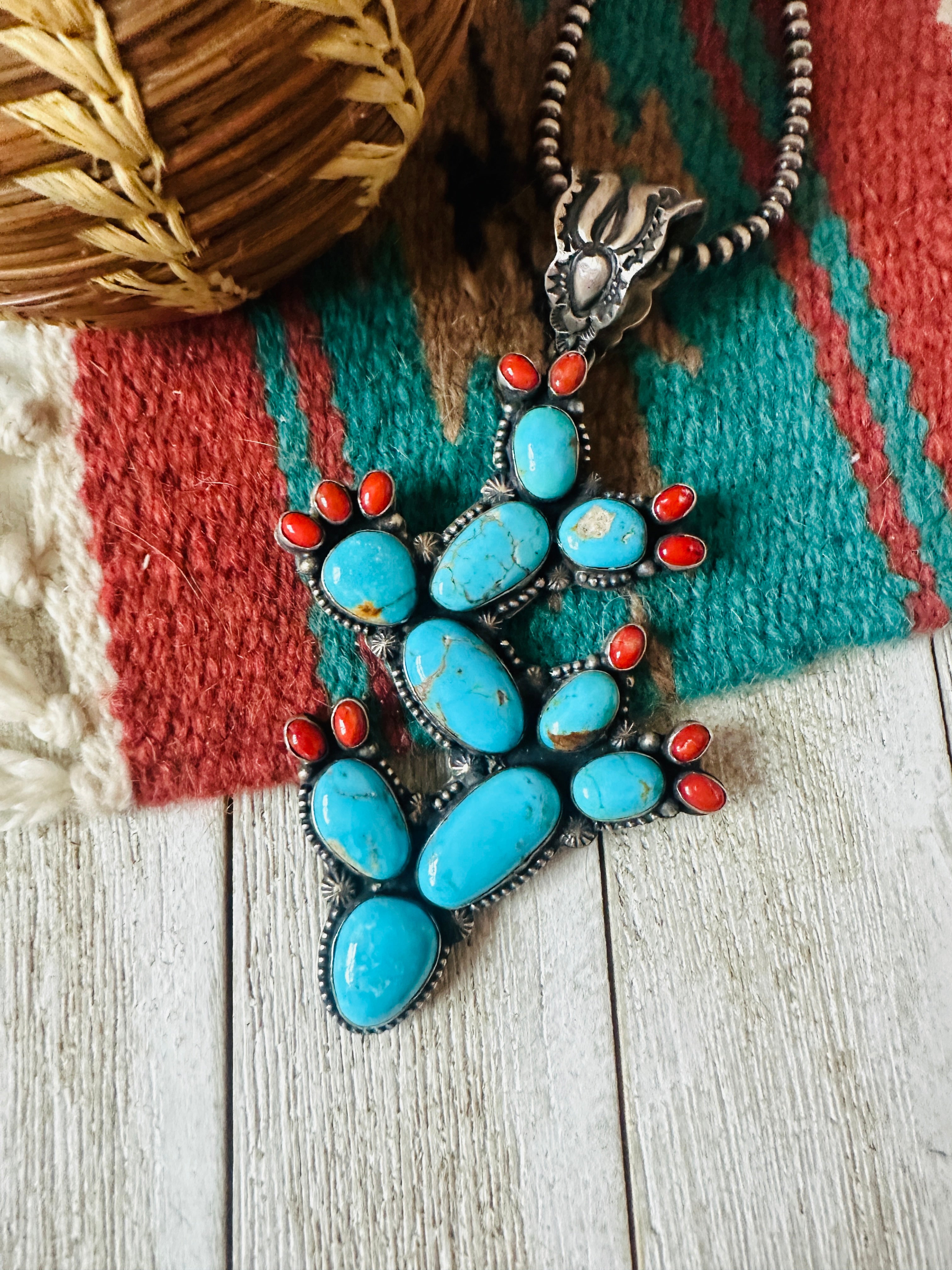 Handcrafted Sterling Silver, Turquoise & Coral Cactus Pendant by Shawn Cayatineto